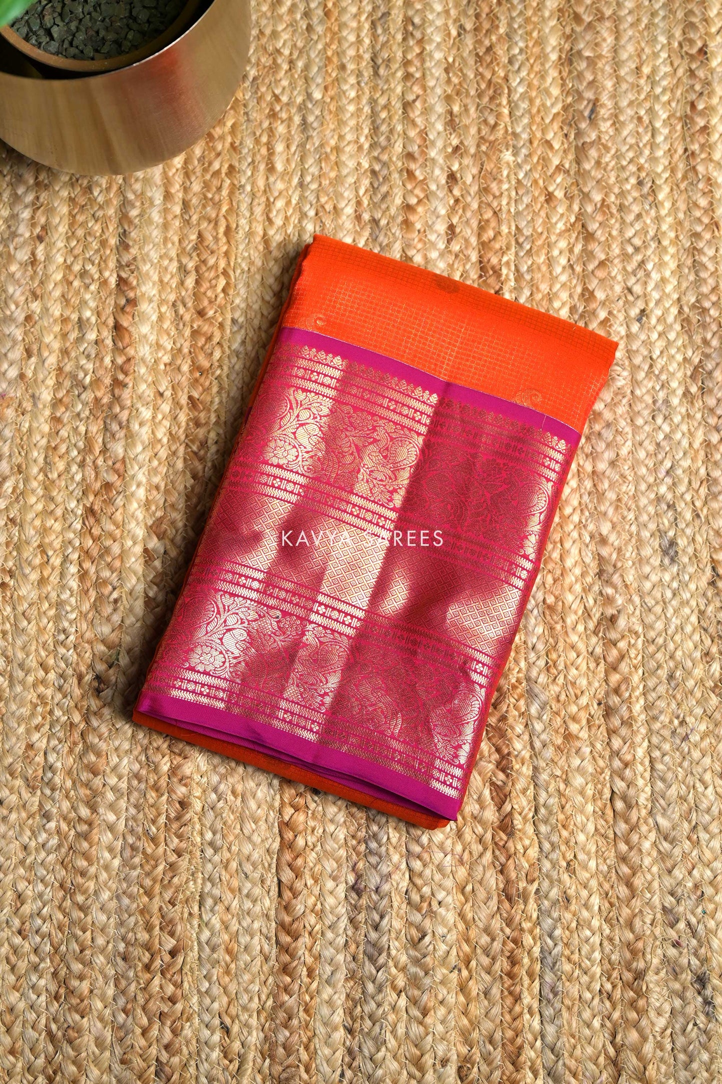 Orange & Magenta Kanchi Pattu Silk Saree with Traditional Zari Border