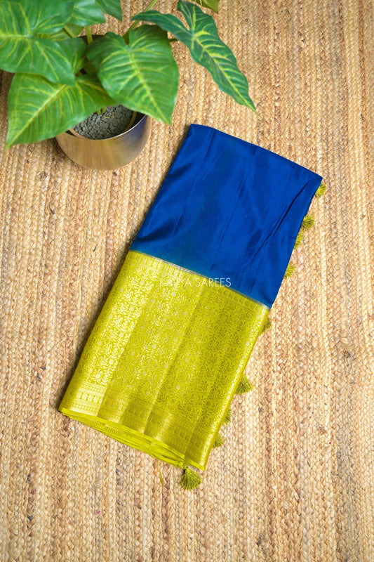 Royal Blue & Lime Green Chinnon Silk Fancy Saree with Rich Zari Border