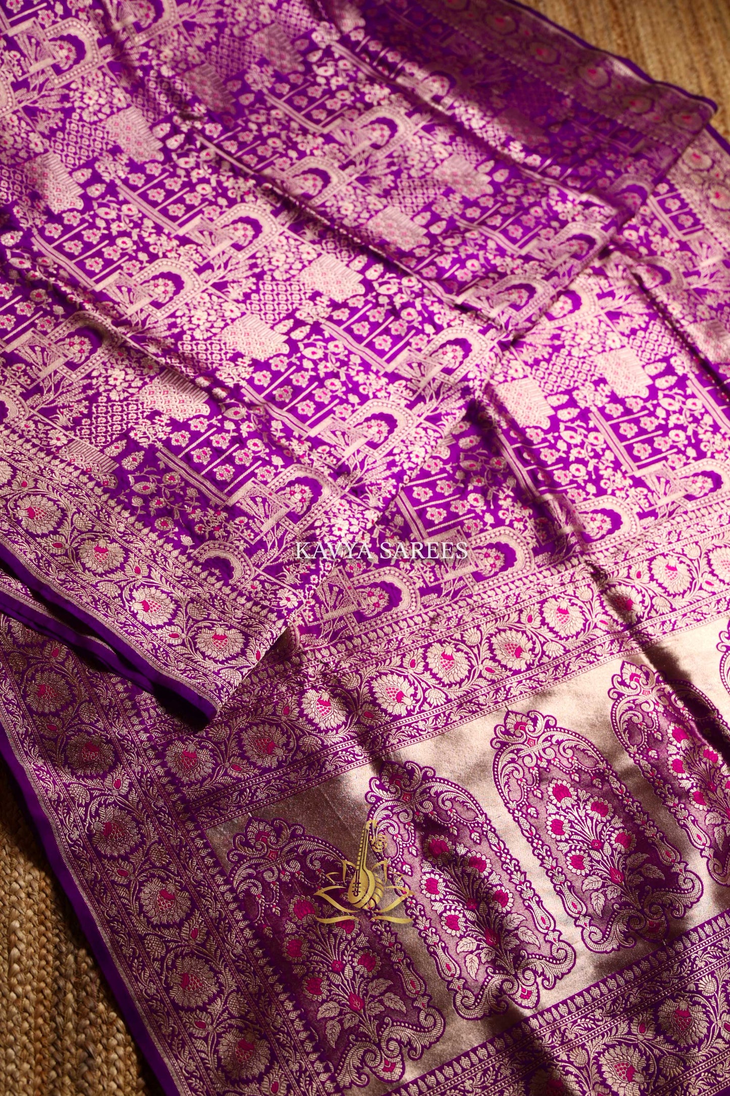 Royal Violet Banaras Pattu Saree with Antique Gold & Pink Zari Weaving