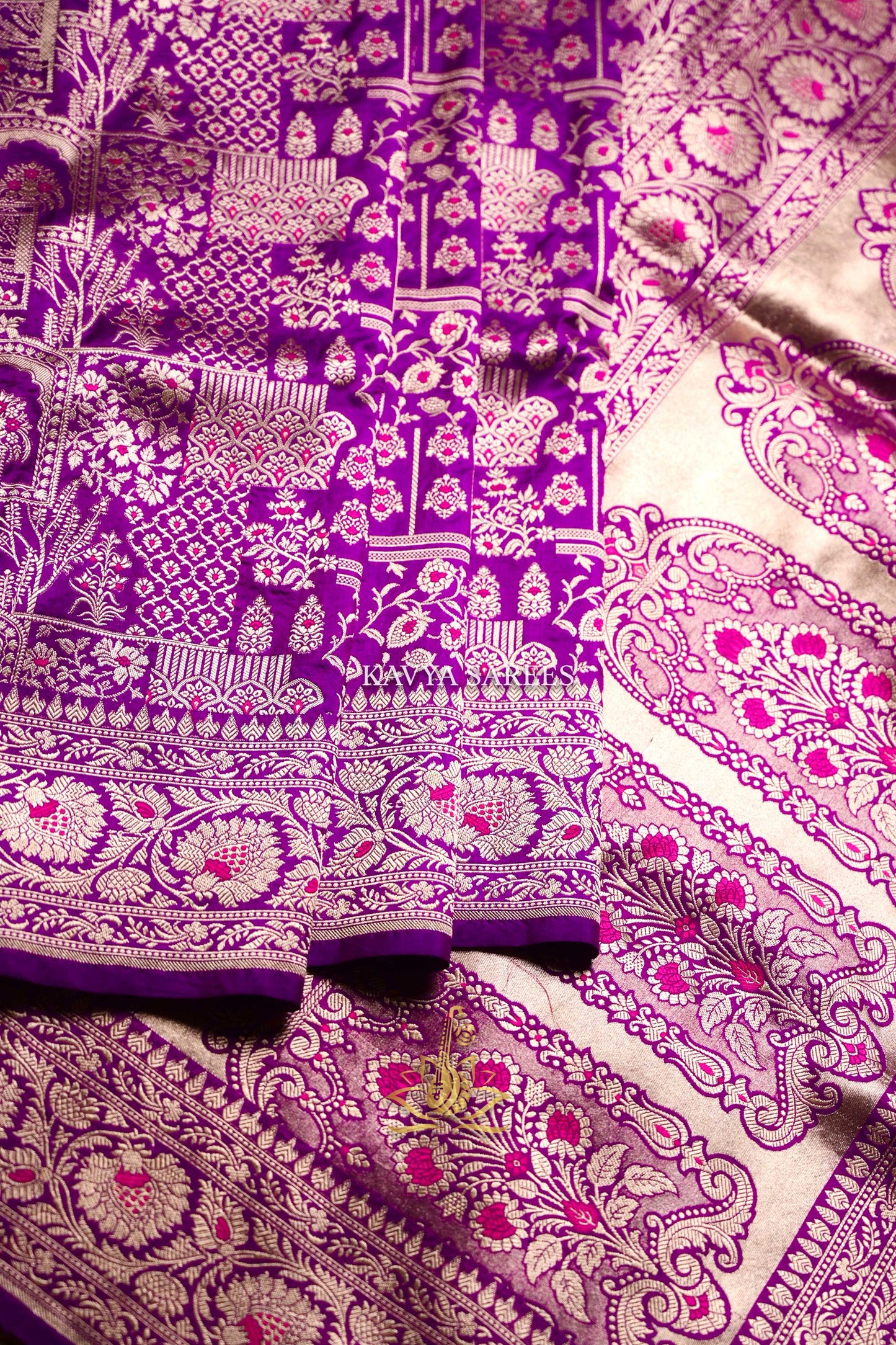 Royal Violet Banaras Pattu Saree with Antique Gold & Pink Zari Weaving