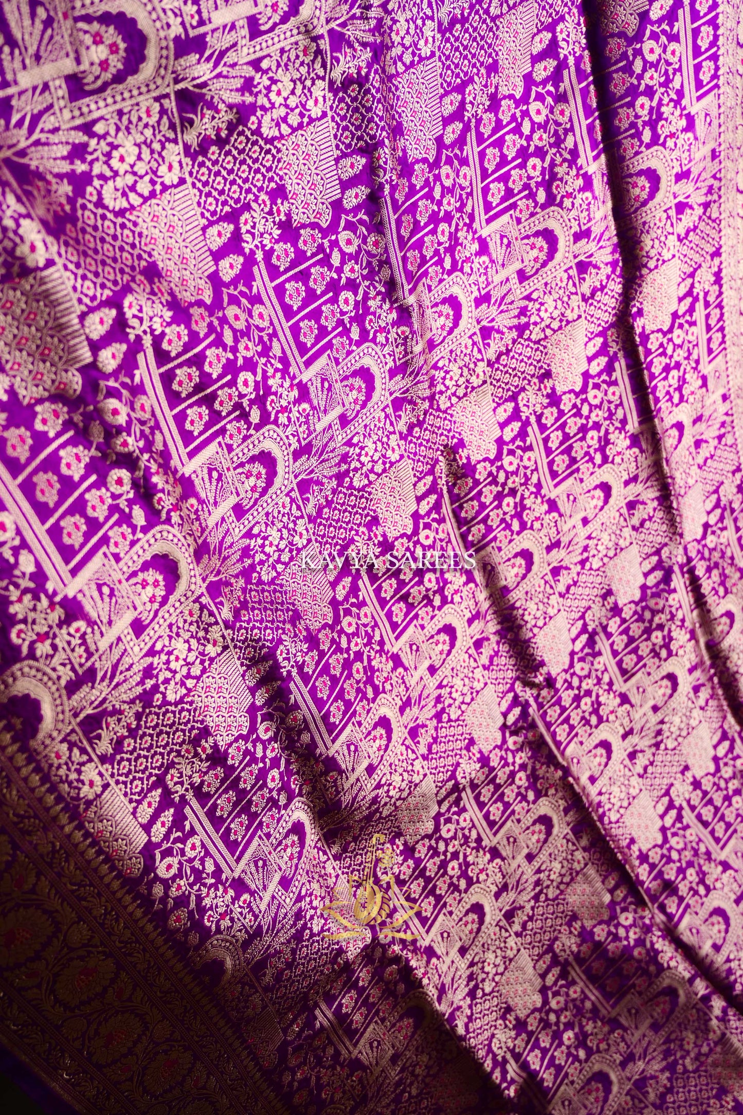 Royal Violet Banaras Pattu Saree with Antique Gold & Pink Zari Weaving