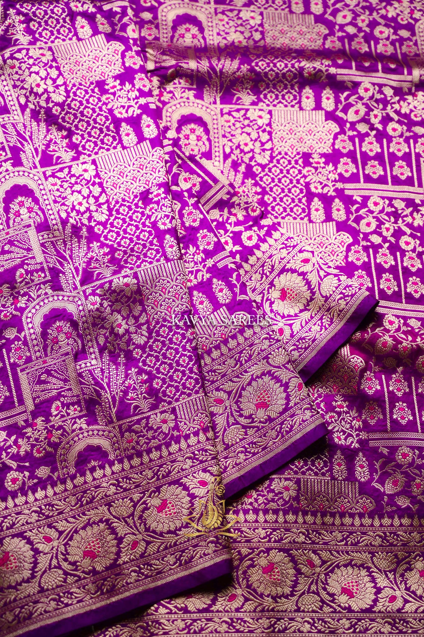 Royal Violet Banaras Pattu Saree with Antique Gold & Pink Zari Weaving