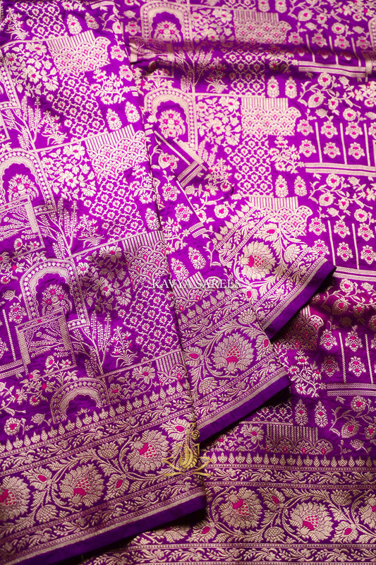 Royal Violet Banaras Pattu Saree with Antique Gold & Pink Zari Weaving