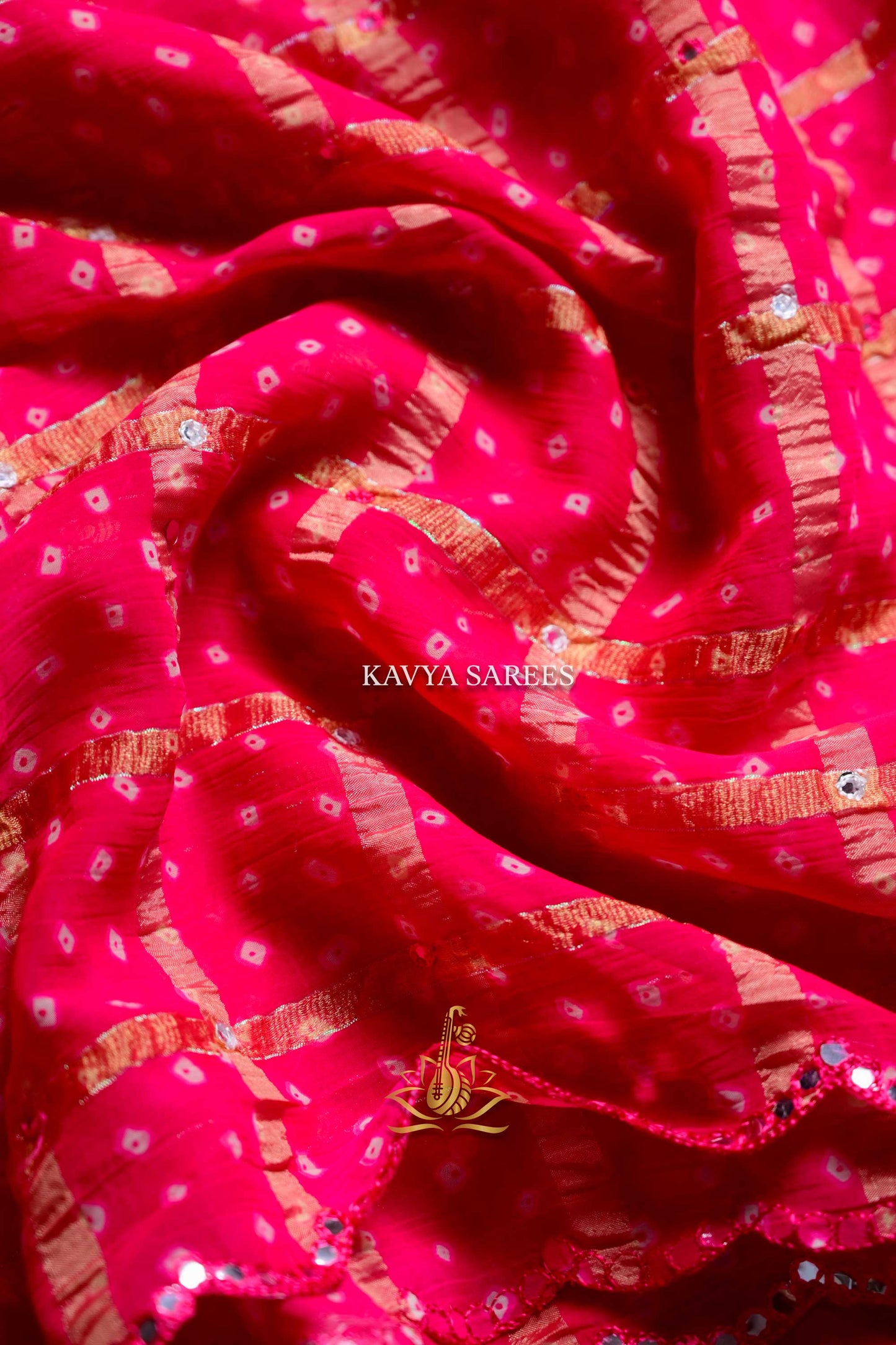 Rani Pink Bandhani Silk Saree with Golden Checks & Lace Border