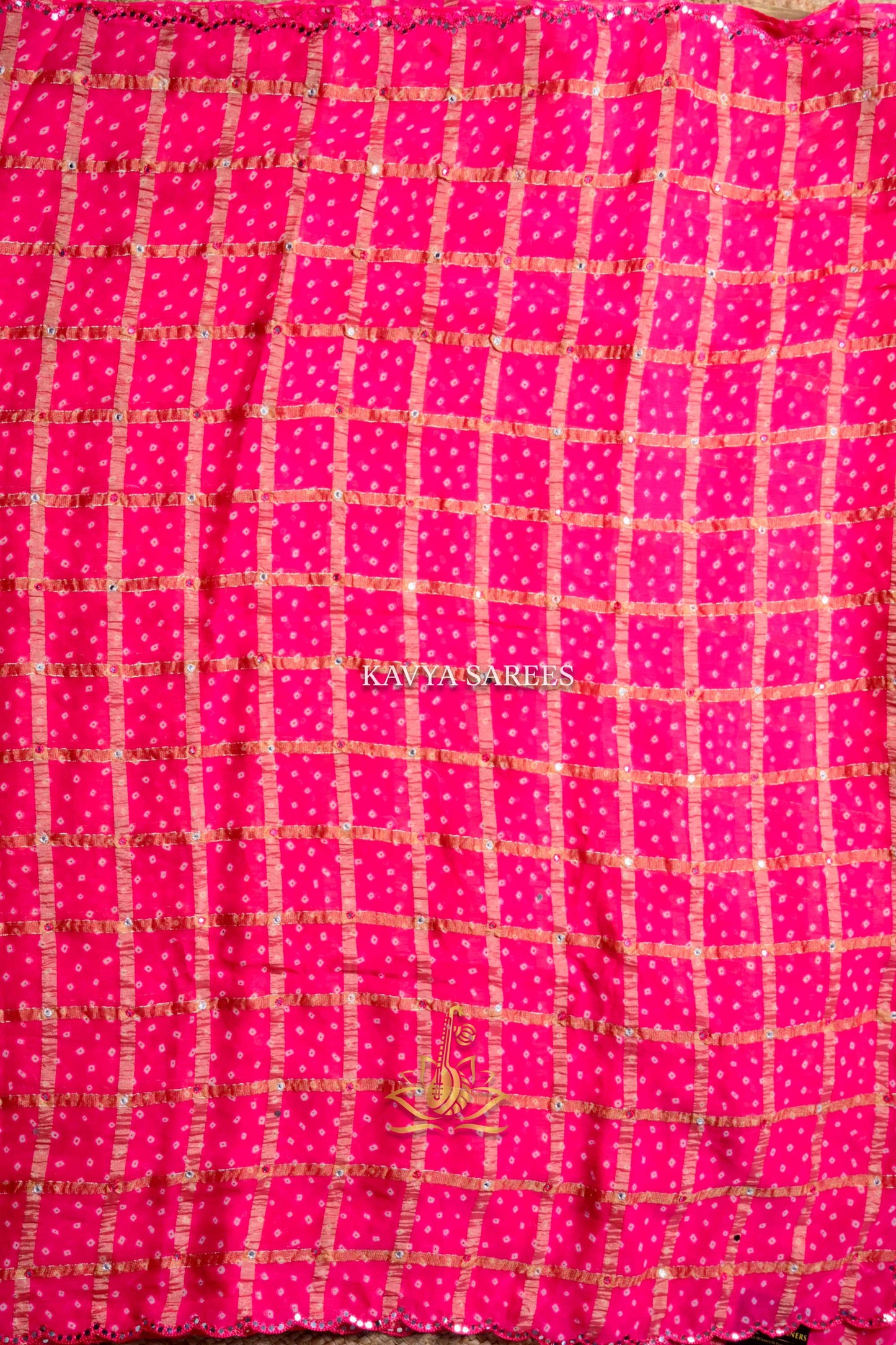 Rani Pink Bandhani Silk Saree with Golden Checks & Lace Border