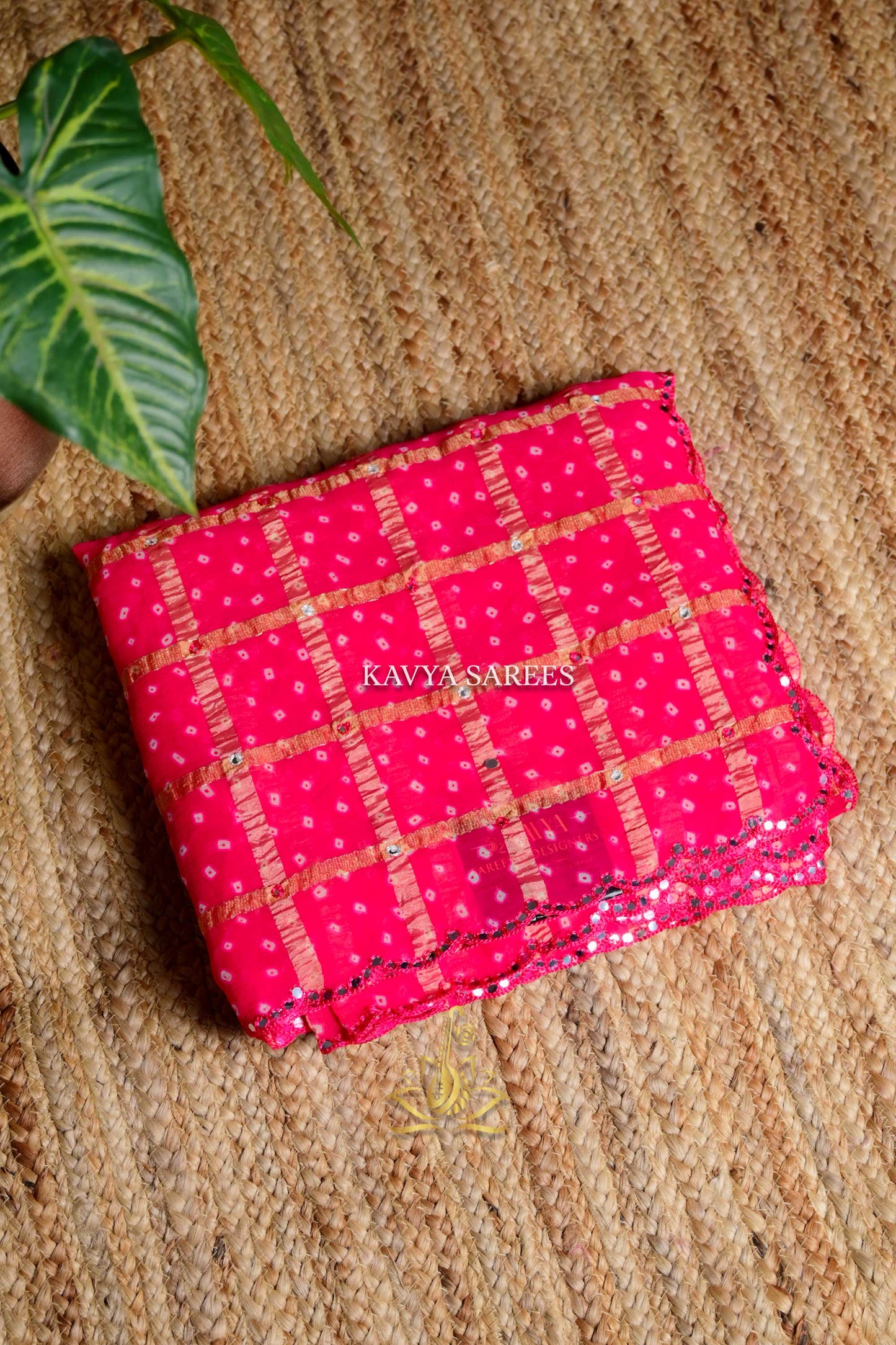 Rani Pink Bandhani Silk Saree with Golden Checks & Lace Border