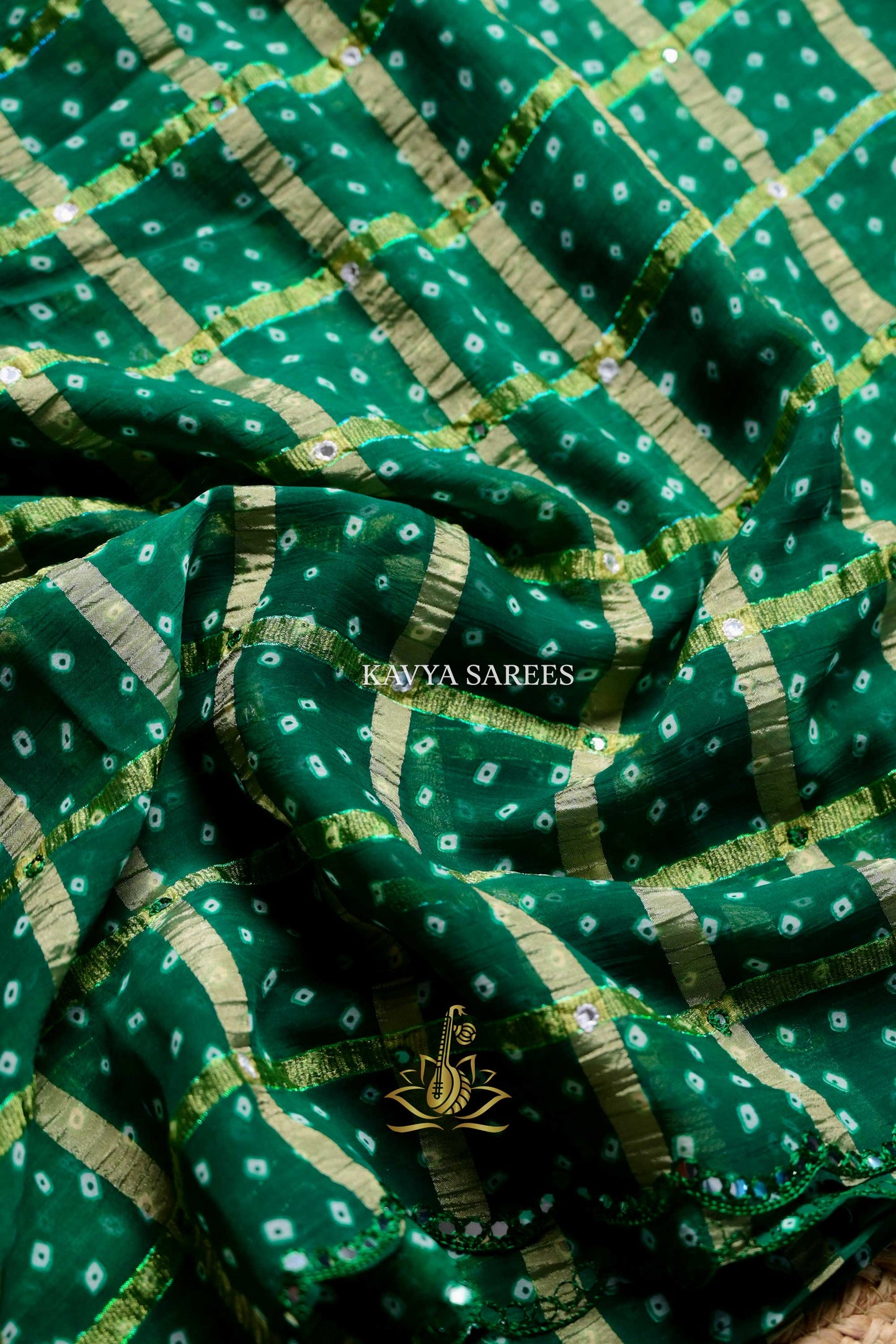 Emerald Green Bandhani Saree with Gold Grid Design & Scallop Border