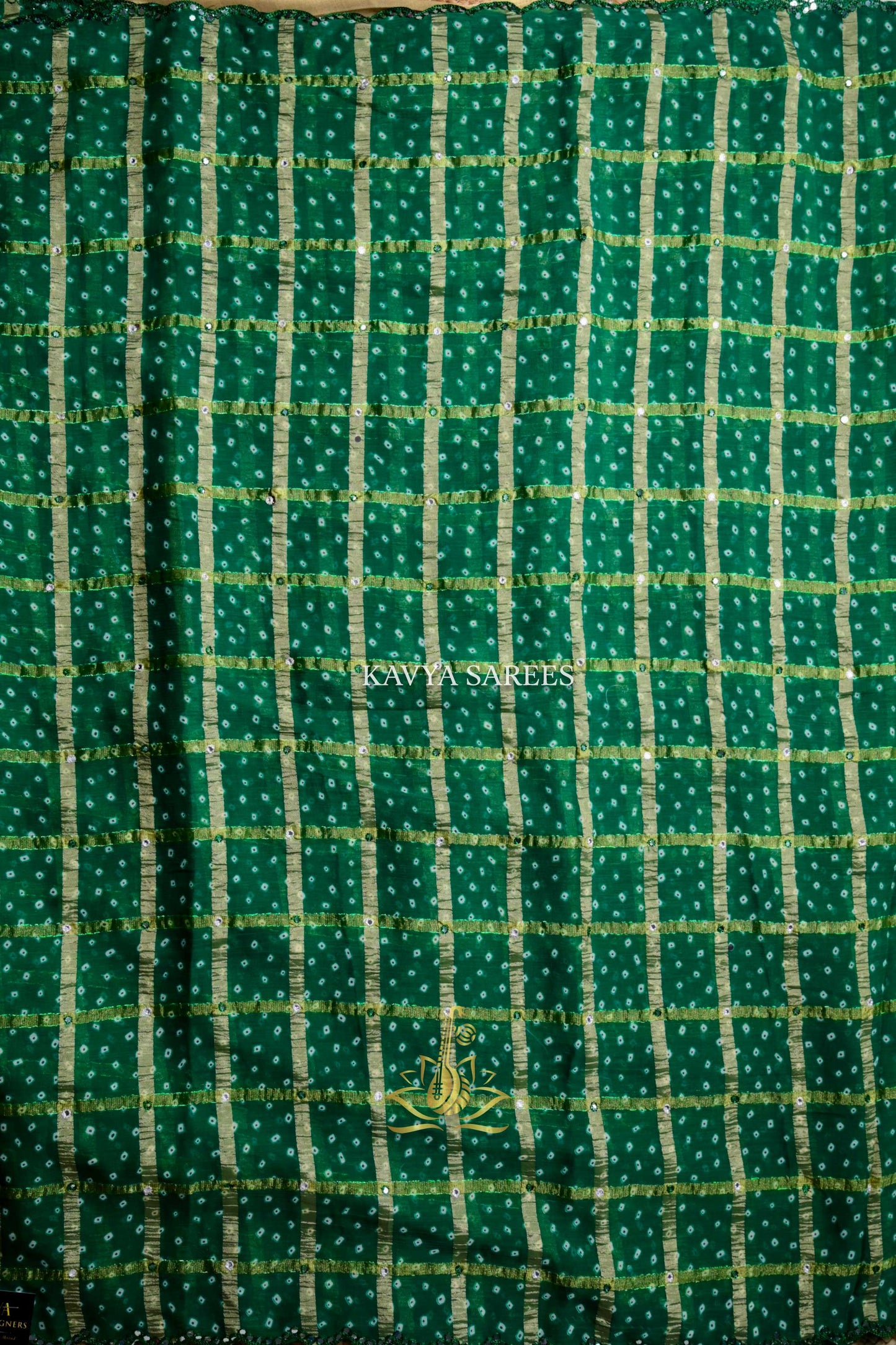 Emerald Green Bandhani Saree with Gold Grid Design & Scallop Border