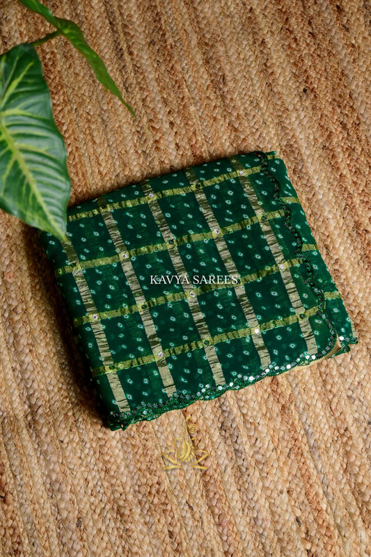Emerald Green Bandhani Saree with Gold Grid Design & Scallop Border