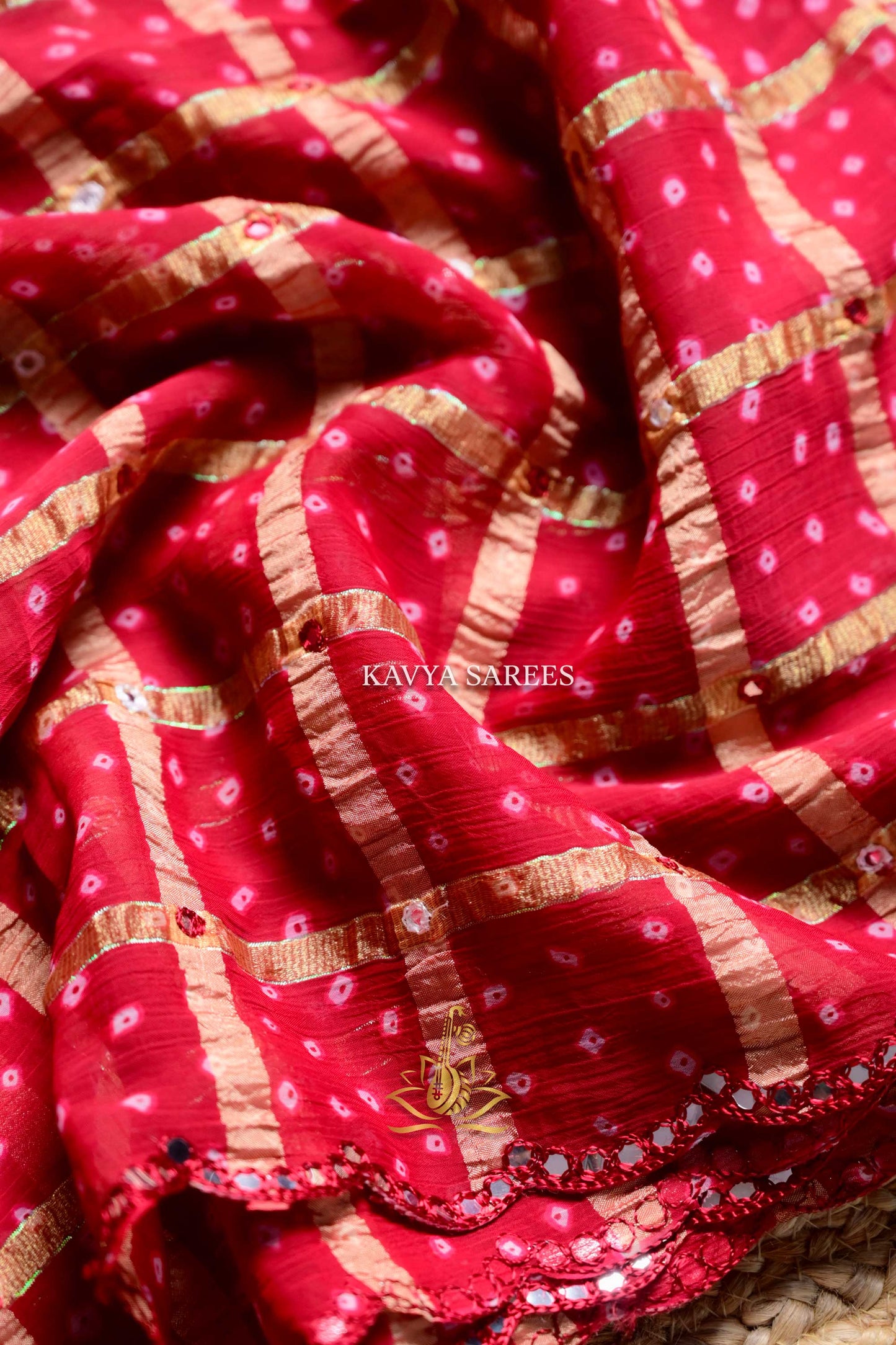 Classic Red Bandhani Saree with Traditional Golden Check Pattern