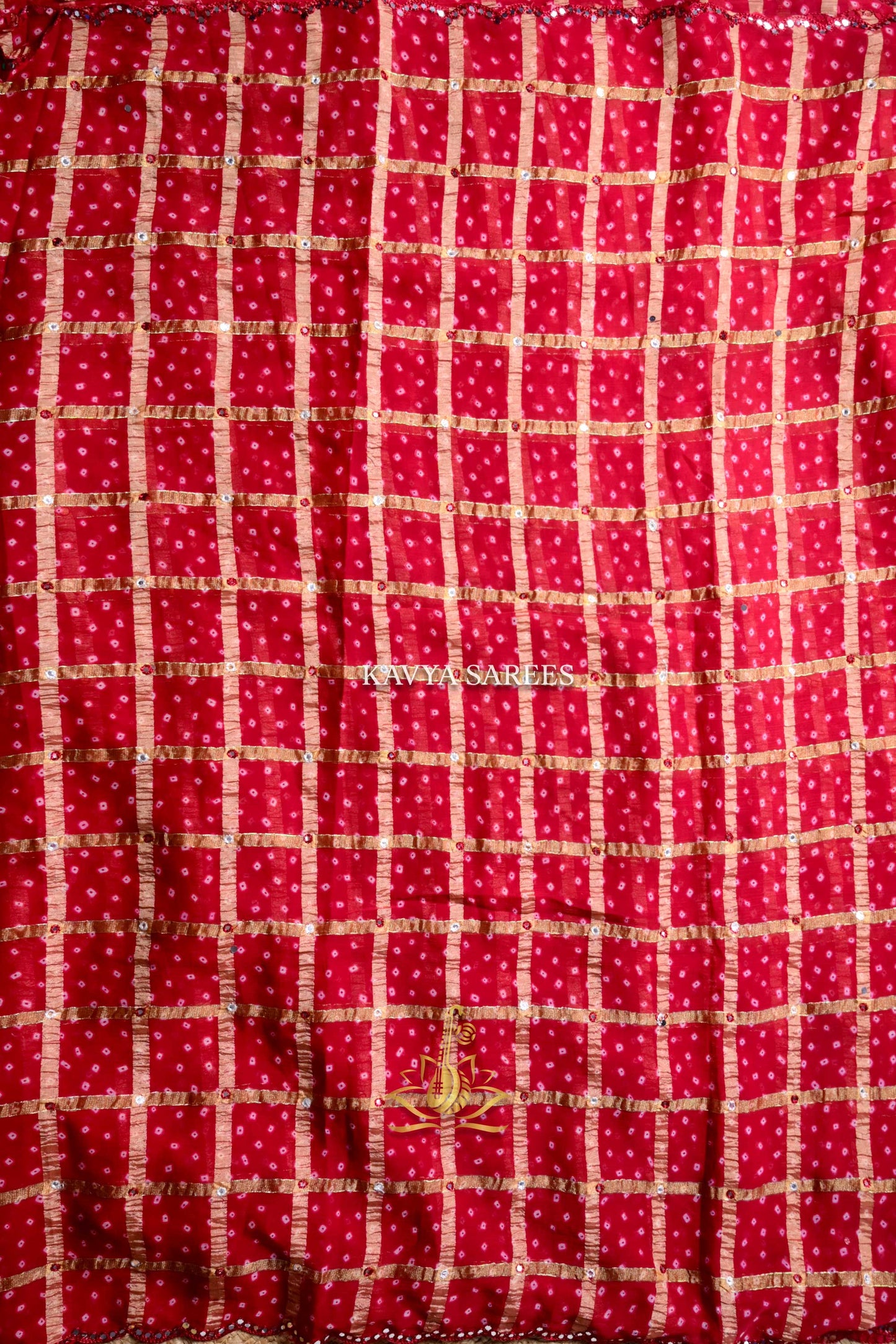 Classic Red Bandhani Saree with Traditional Golden Check Pattern