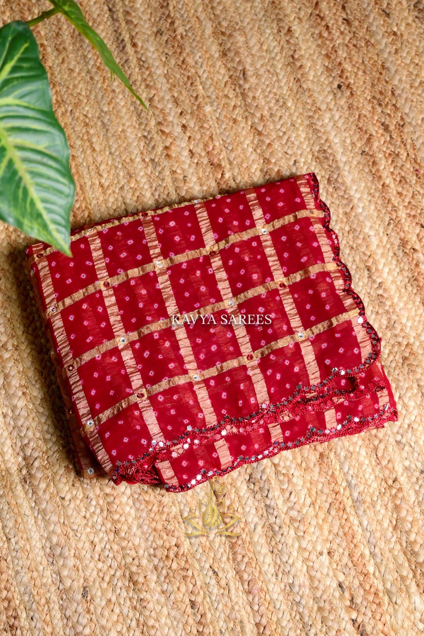 Classic Red Bandhani Saree with Traditional Golden Check Pattern