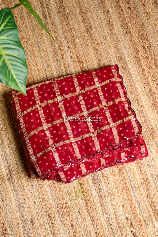 Classic Red Bandhani Saree with Traditional Golden Check Pattern