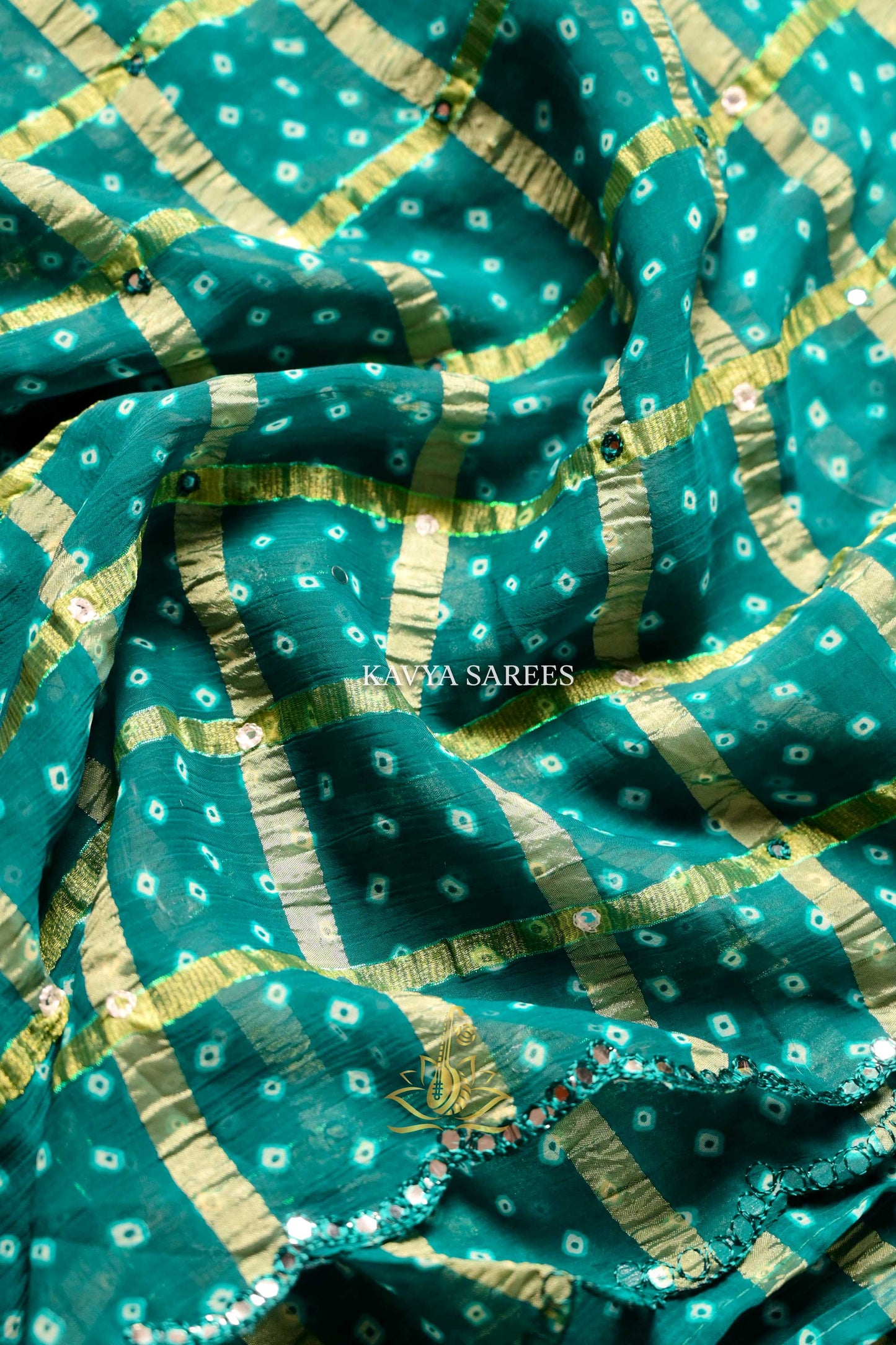 Teal Blue Bandhani Saree with Elegant Gold Checks & Designer Border