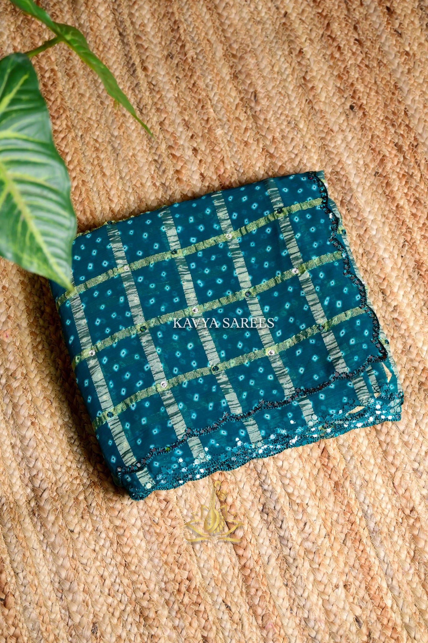 Teal Blue Bandhani Saree with Elegant Gold Checks & Designer Border