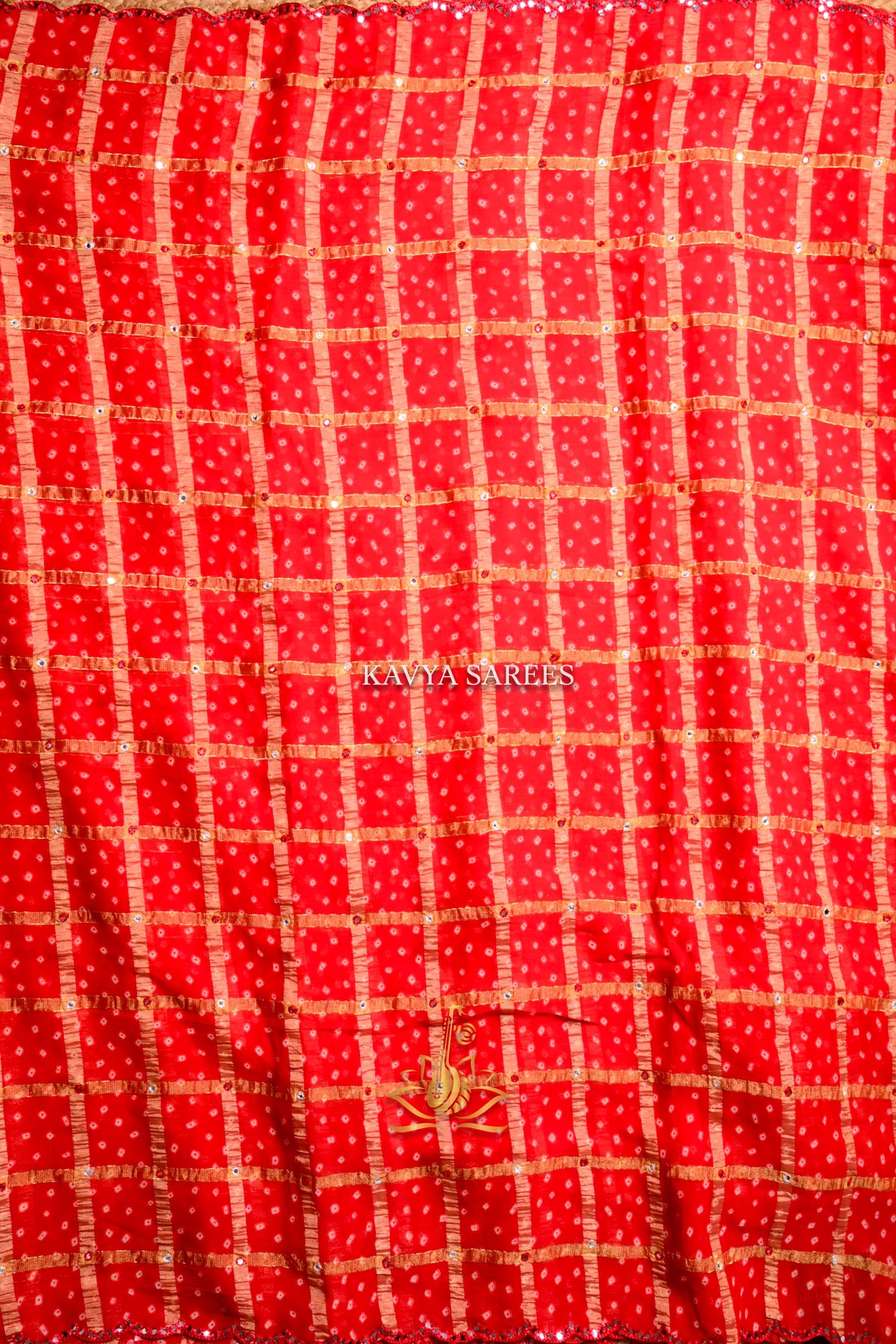 Bright Red Bandhani Saree with Mirror Work & Decorative Lace Finish