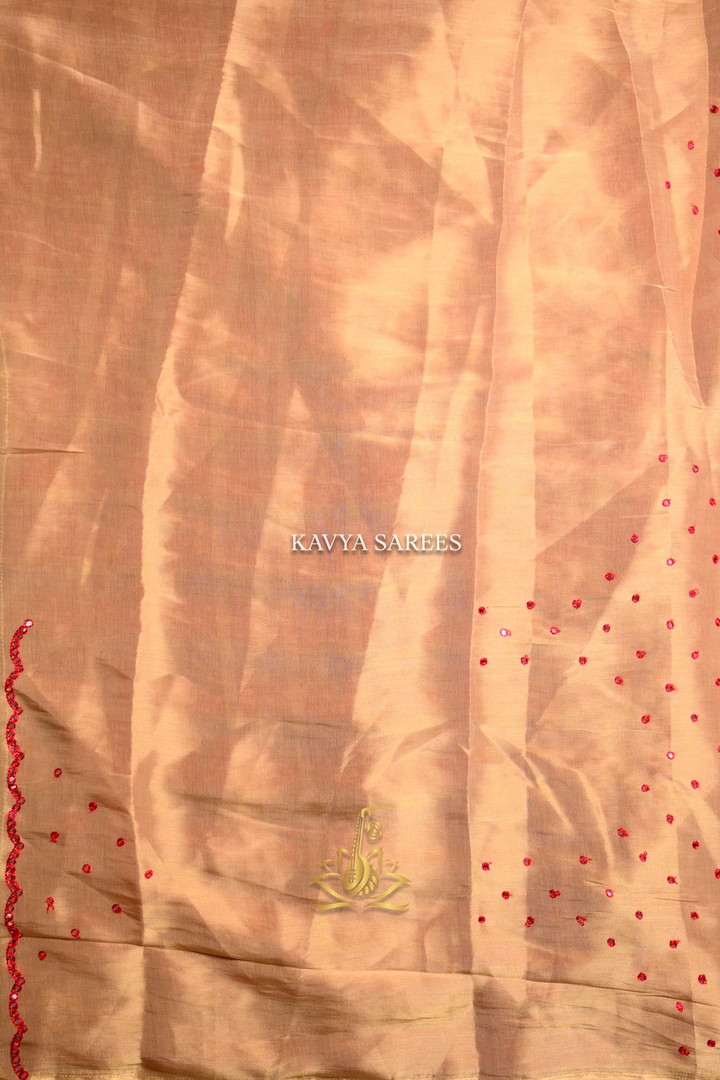 Bright Red Bandhani Saree with Mirror Work & Decorative Lace Finish