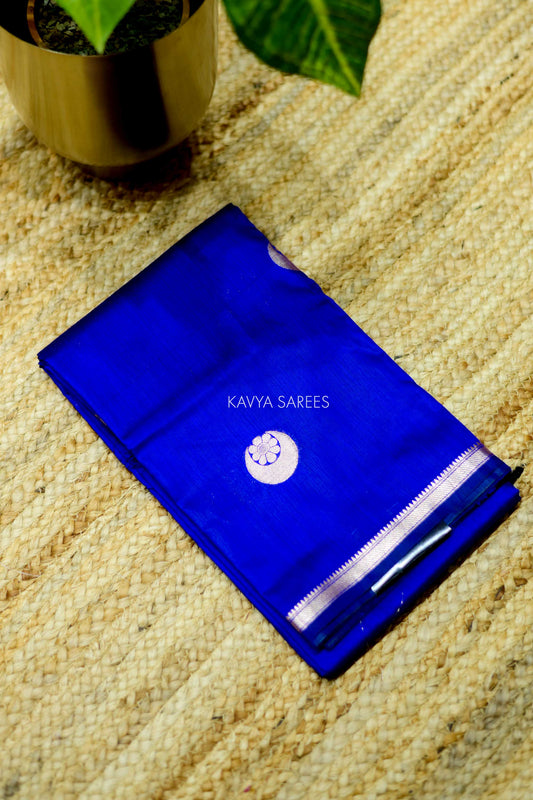 Premium royal blue Chanderi saree with shimmering silver motifs and timeless elegance