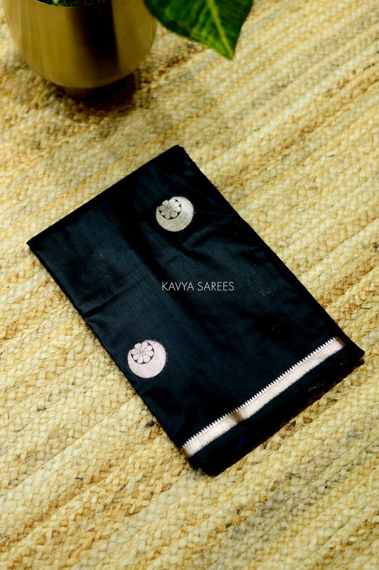Stylish black Chanderi saree with striking silver buttas and minimal elegant border