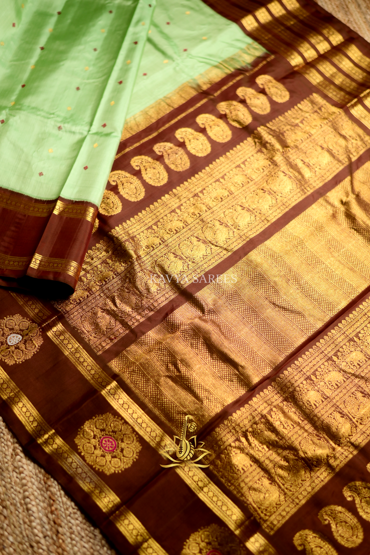 Mint Green Gadwal Pattu Saree with Rich Chocolate Brown Zari Border