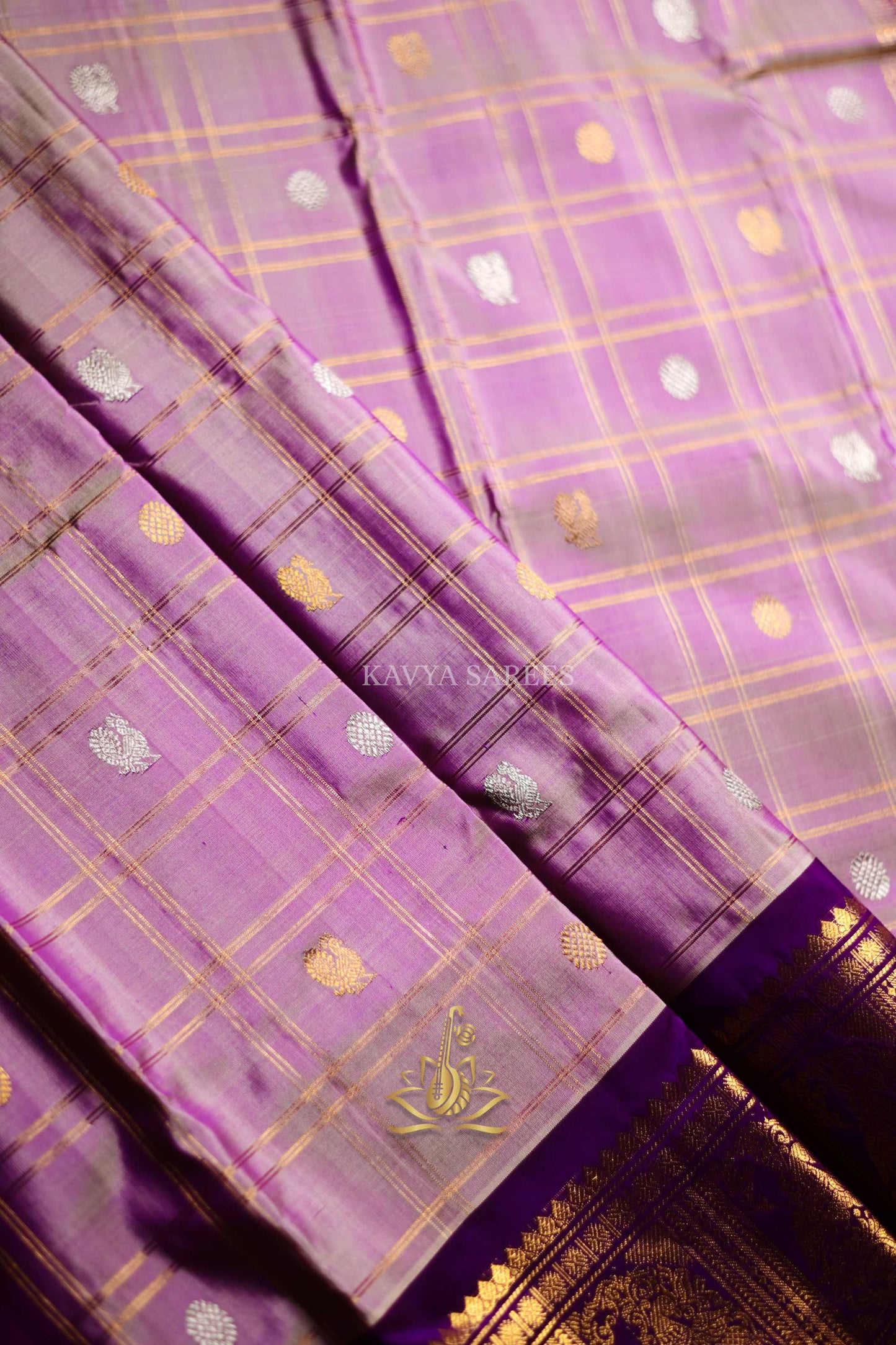 Gadwal Pattu Silk Saree in Lavender with Royal Purple & Green Zari Border