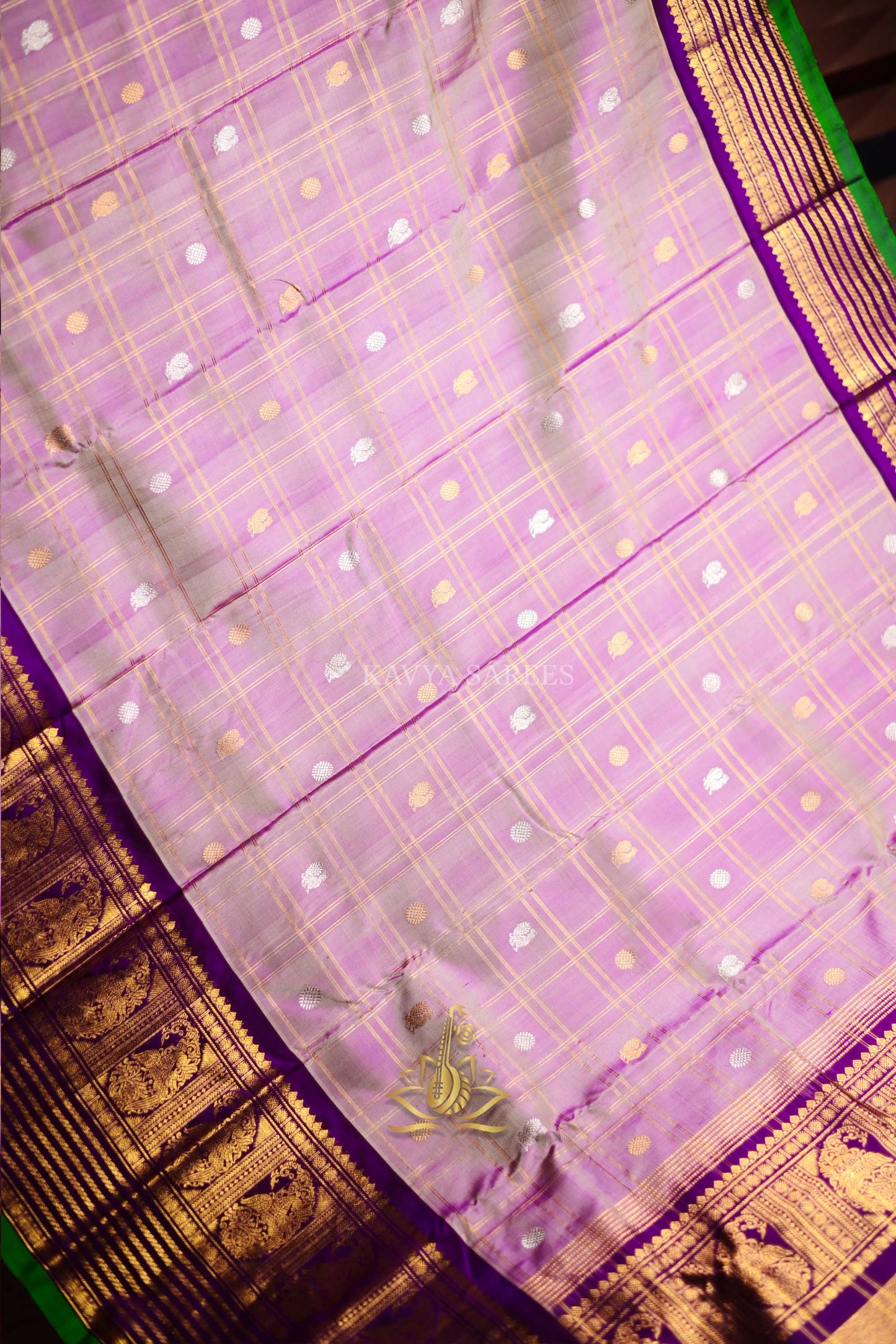 Gadwal Pattu Silk Saree in Lavender with Royal Purple & Green Zari Border