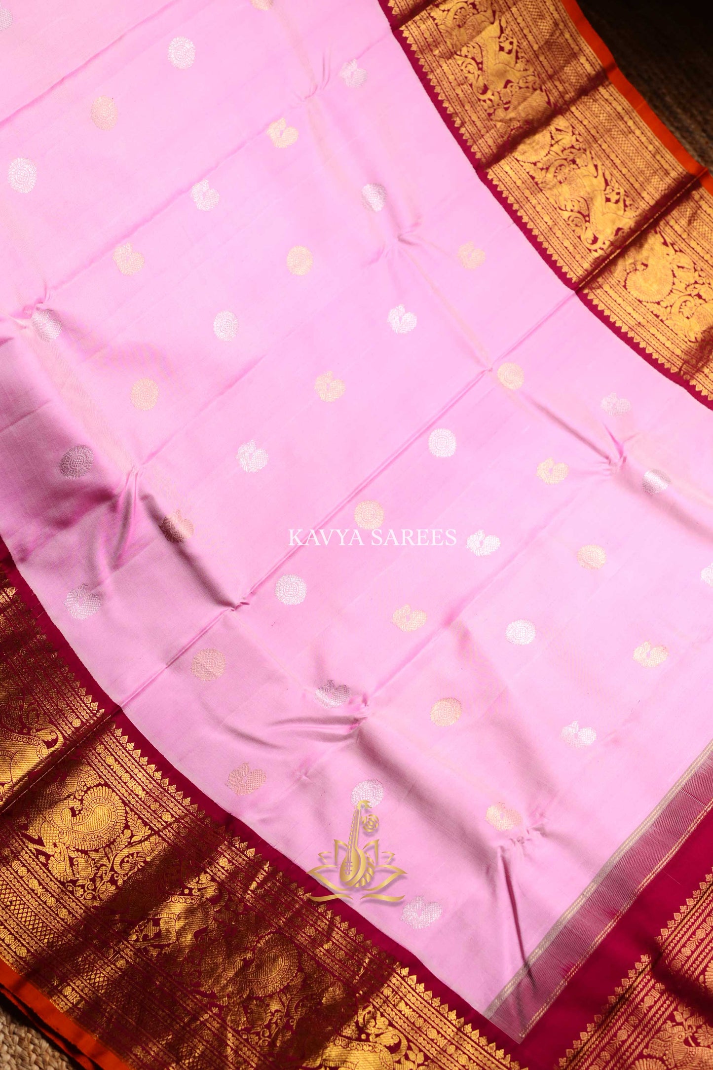 Gadwal Pattu Silk Saree in Baby Pink with Maroon & Antique Gold Zari Border