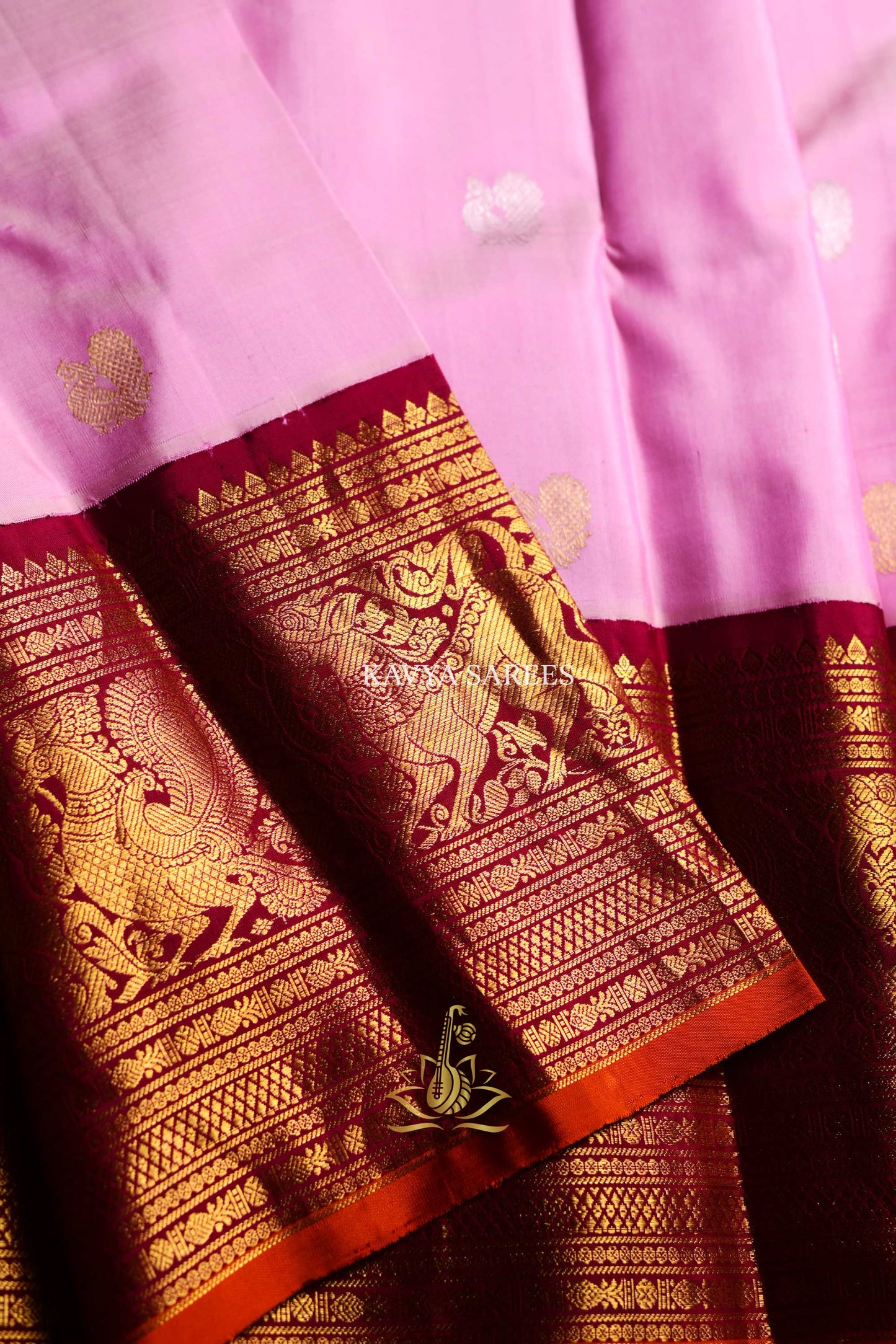 Gadwal Pattu Silk Saree in Baby Pink with Maroon & Antique Gold Zari Border