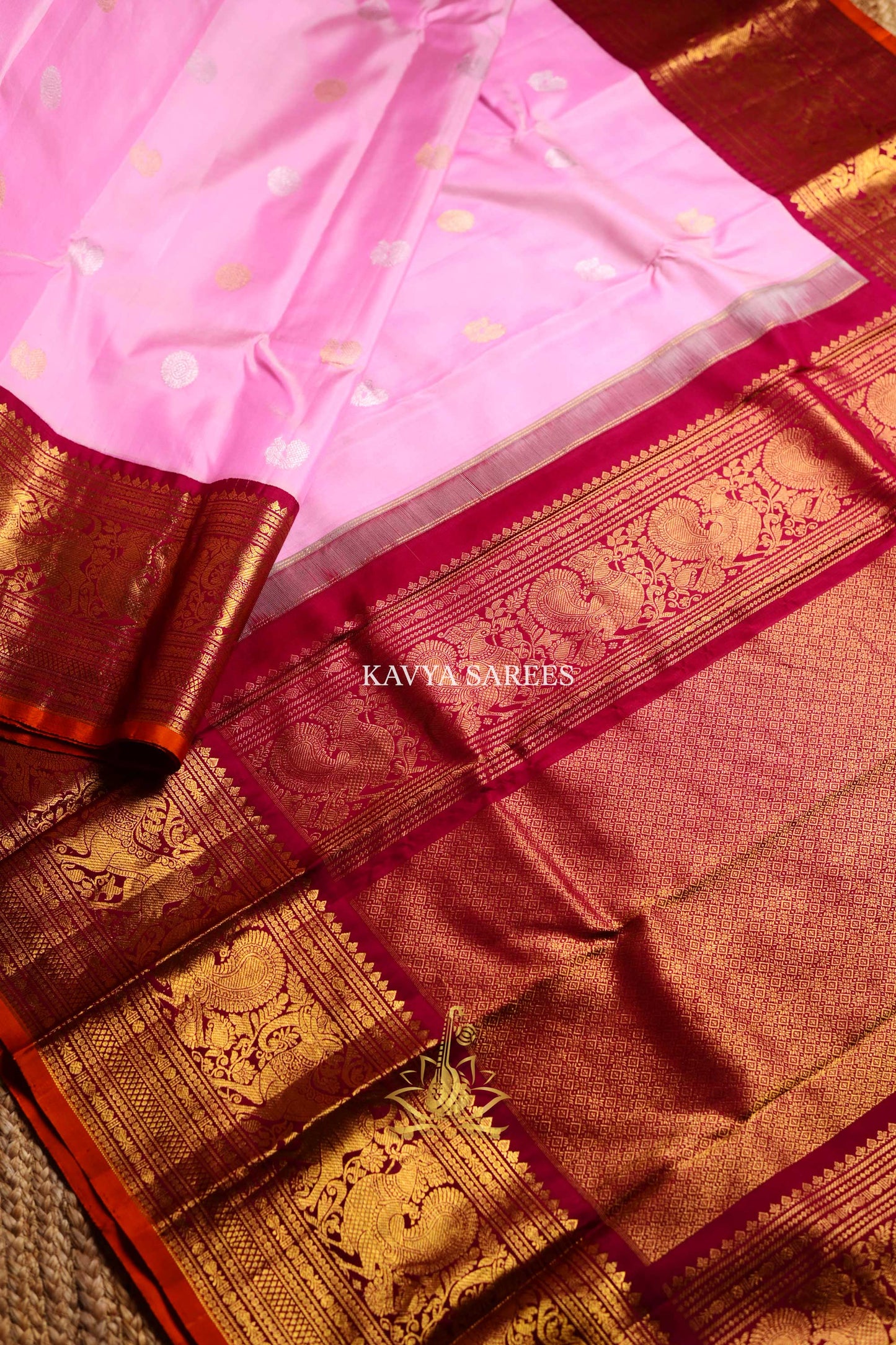 Gadwal Pattu Silk Saree in Baby Pink with Maroon & Antique Gold Zari Border