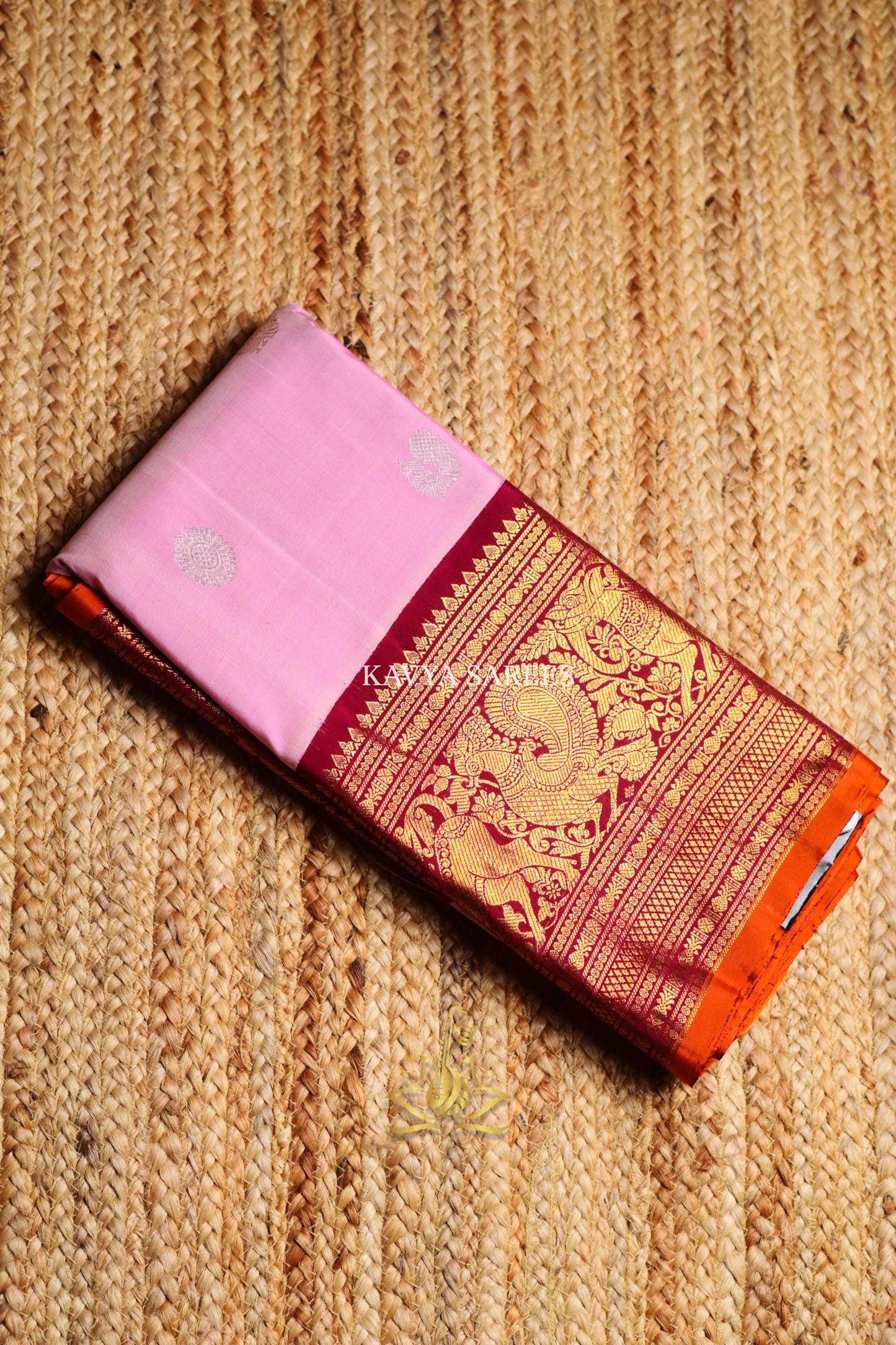 Gadwal Pattu Silk Saree in Baby Pink with Maroon & Antique Gold Zari Border