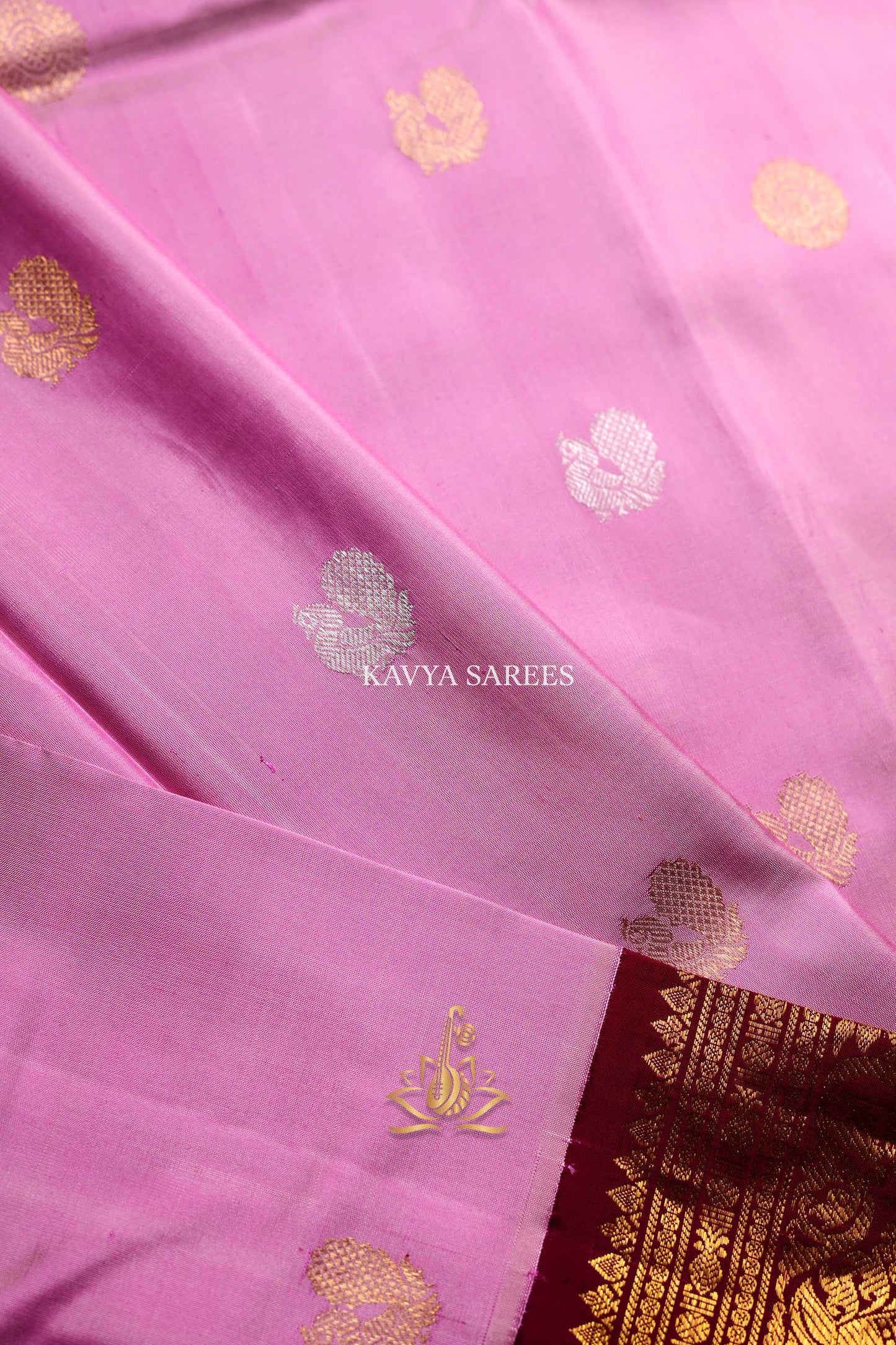 Gadwal Pattu Silk Saree in Baby Pink with Maroon & Antique Gold Zari Border