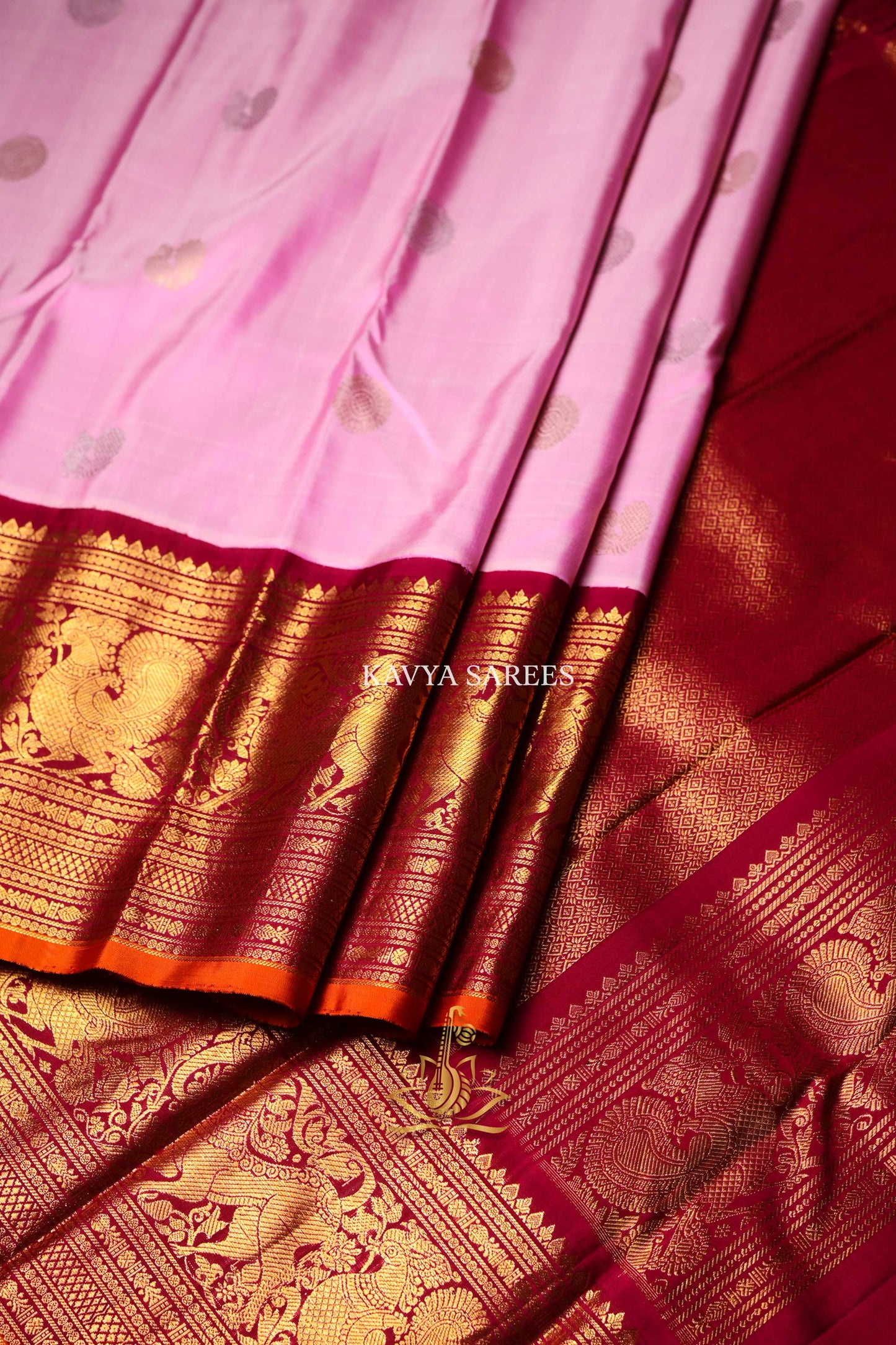 Gadwal Pattu Silk Saree in Baby Pink with Maroon & Antique Gold Zari Border