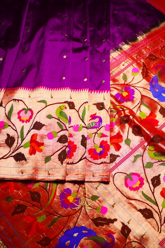 Pure Paithani Silk Saree – Royal Purple with Multicolor Floral Border