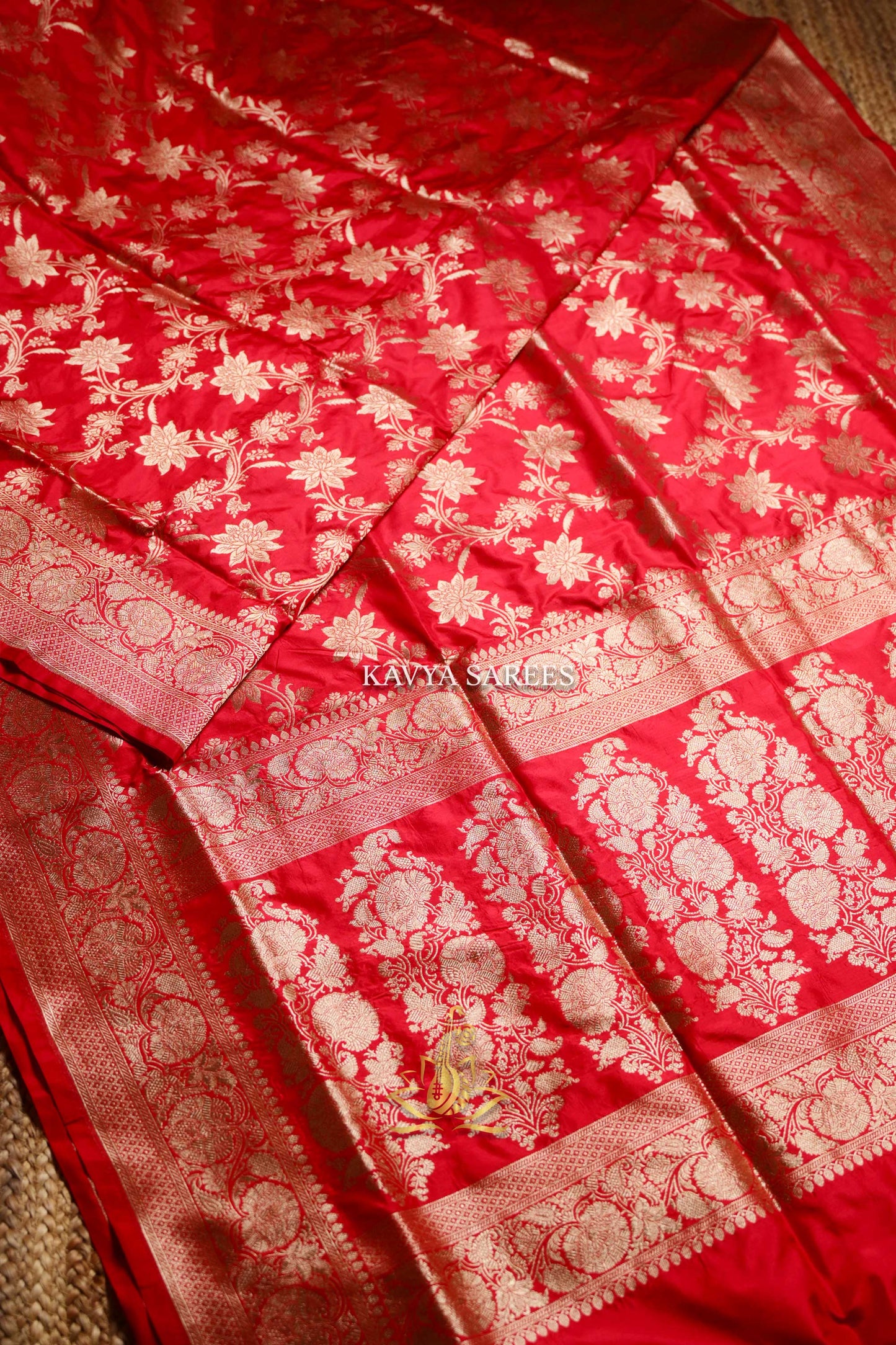Royal Crimson Banaras Pattu Saree with Antique Gold Zari Floral Weave