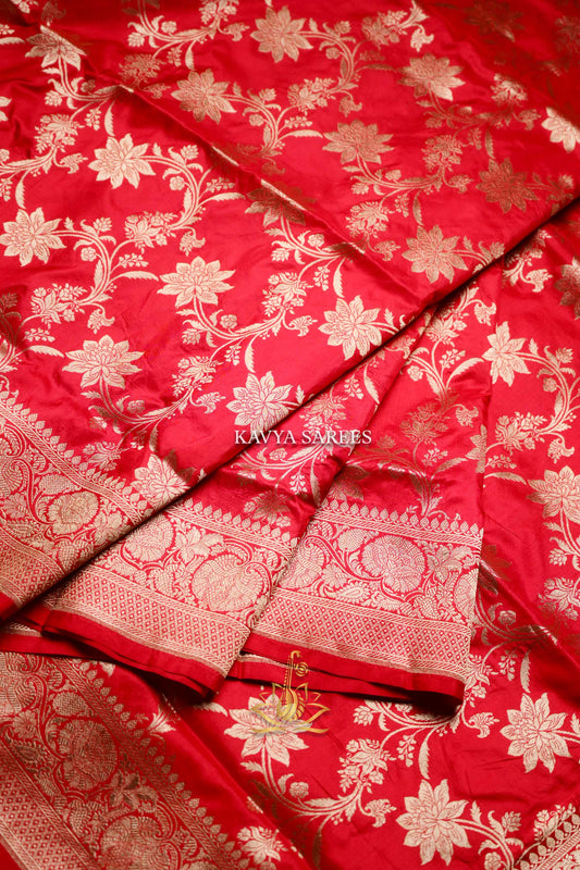 Royal Crimson Banaras Pattu Saree with Antique Gold Zari Floral Weave