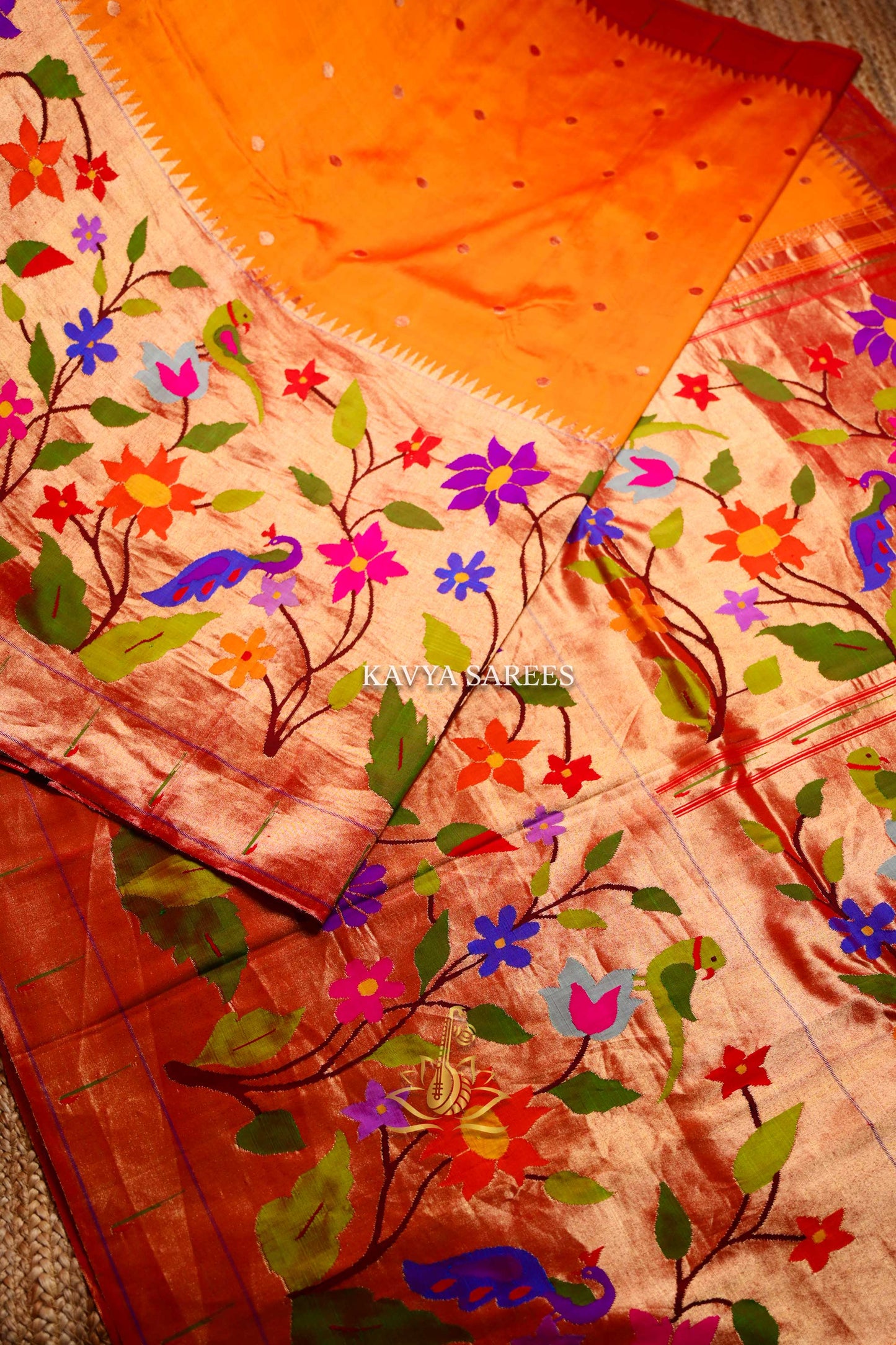 Pure Paithani Silk Saree – Mustard Orange with Multicolor Peacock Floral Pallu