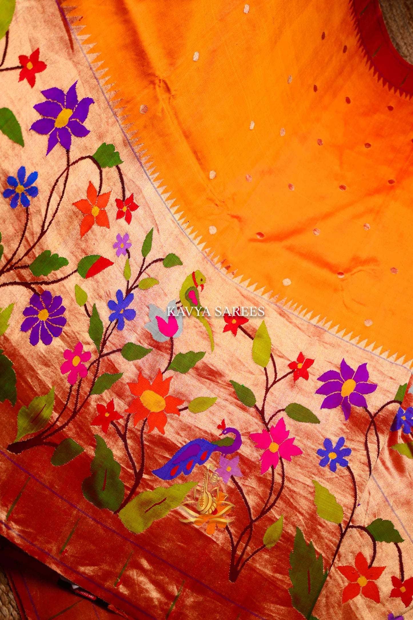 Pure Paithani Silk Saree – Mustard Orange with Multicolor Peacock Floral Pallu