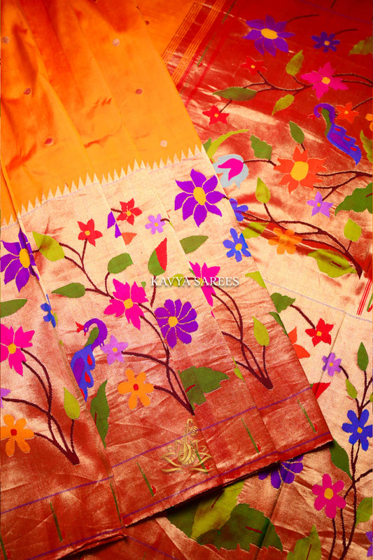 Pure Paithani Silk Saree – Mustard Orange with Multicolor Peacock Floral Pallu