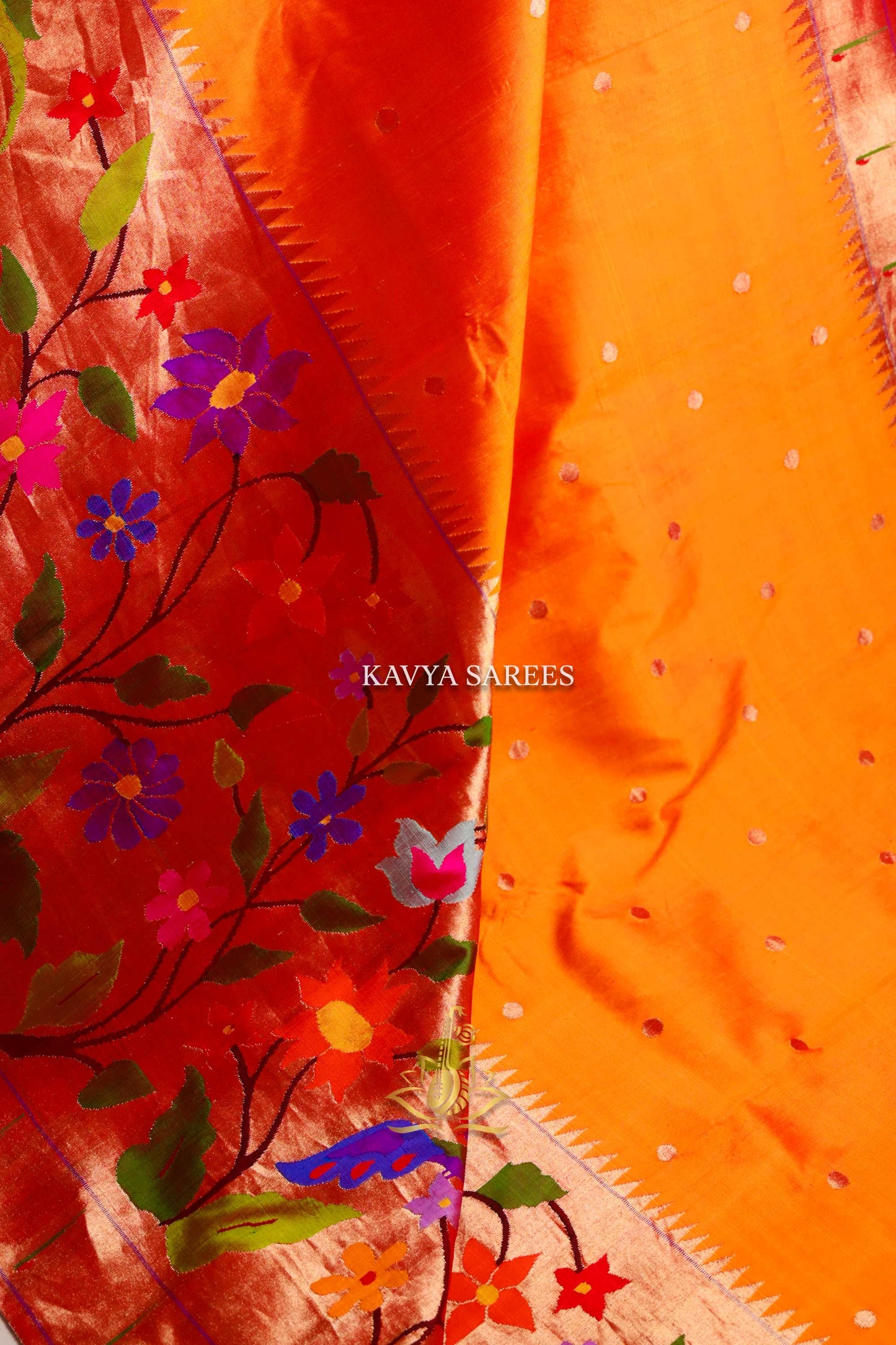 Pure Paithani Silk Saree – Mustard Orange with Multicolor Peacock Floral Pallu