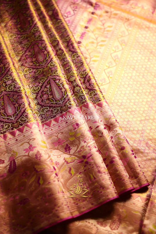 Blush Pink & Antique Gold Bridal Kanchi Pattu Saree with Vintage Floral Zari