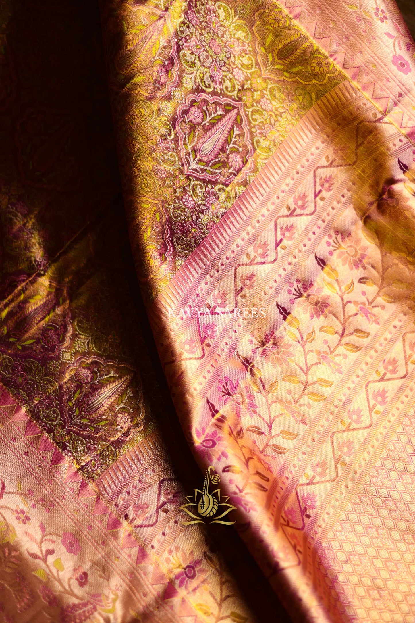 Blush Pink & Antique Gold Bridal Kanchi Pattu Saree with Vintage Floral Zari