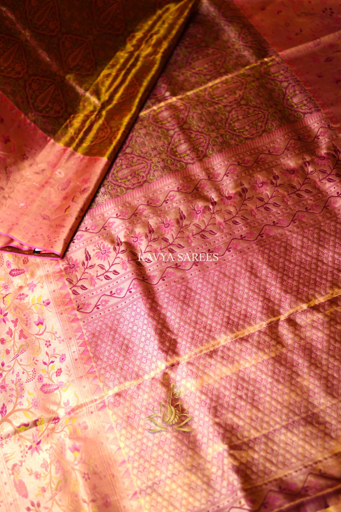 Blush Pink & Antique Gold Bridal Kanchi Pattu Saree with Vintage Floral Zari