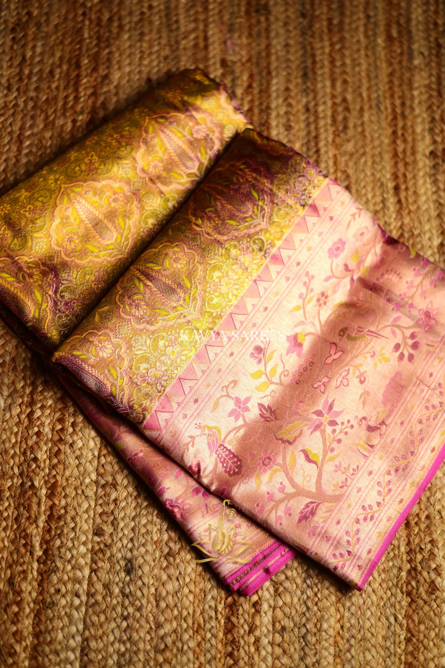 Blush Pink & Antique Gold Bridal Kanchi Pattu Saree with Vintage Floral Zari