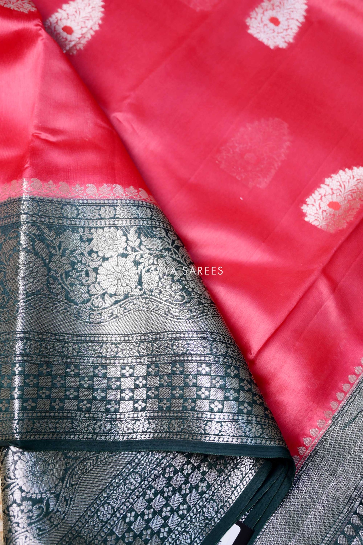 Coral Pink & Charcoal Grey Mango Silk Saree