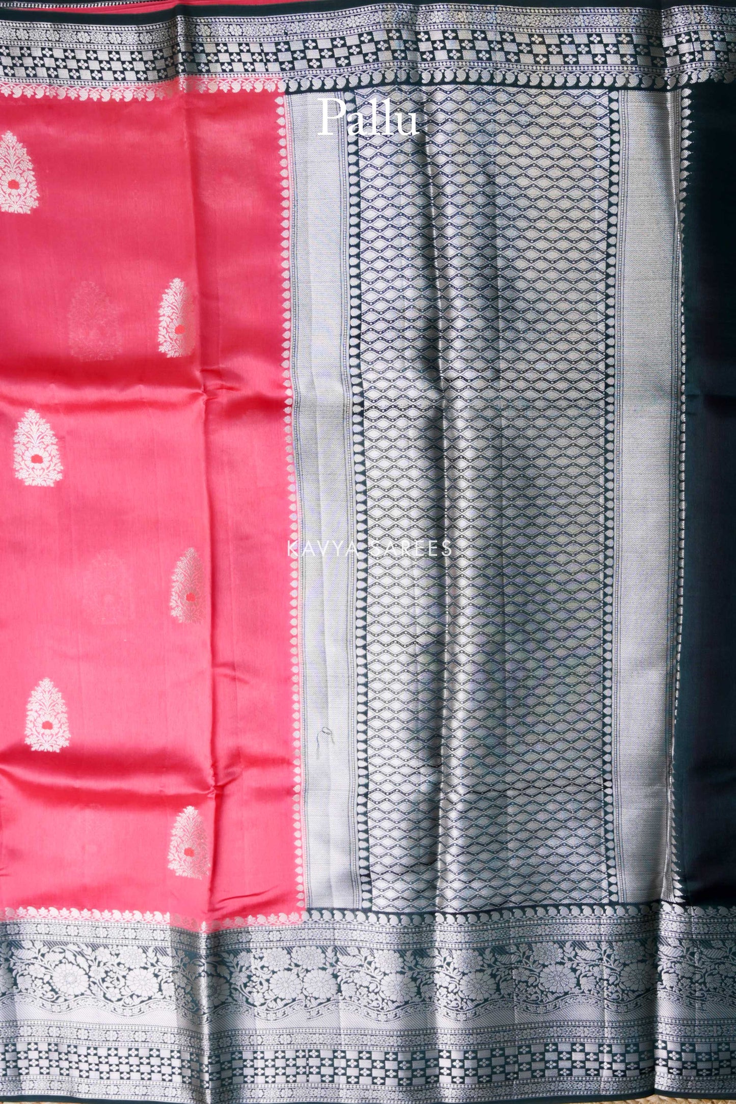 Coral Pink & Charcoal Grey Mango Silk Saree