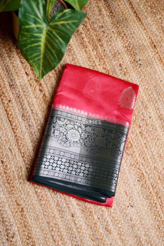 Coral Pink & Charcoal Grey Mango Silk Saree