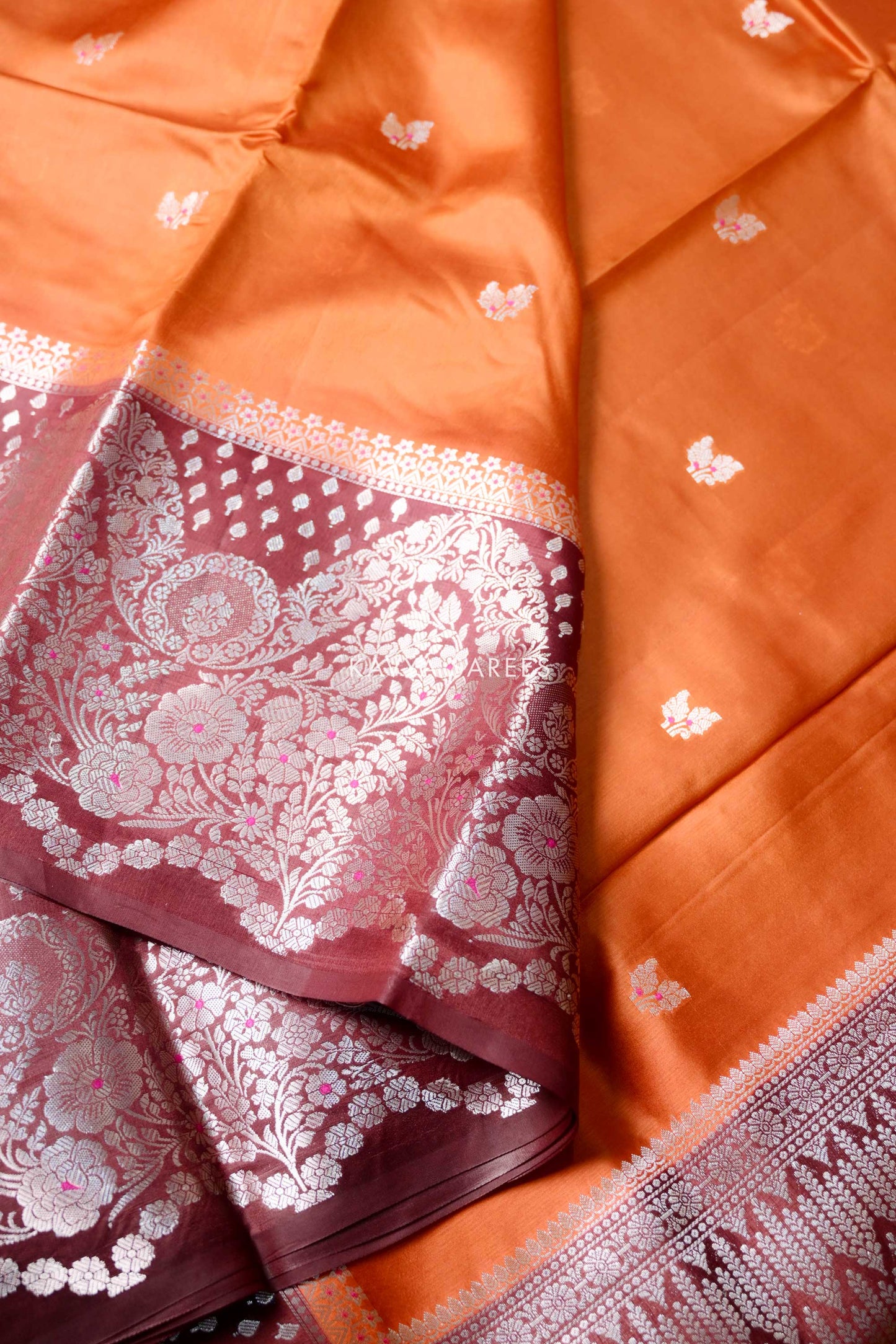 Orange & Wine Floral Mango Silk Saree