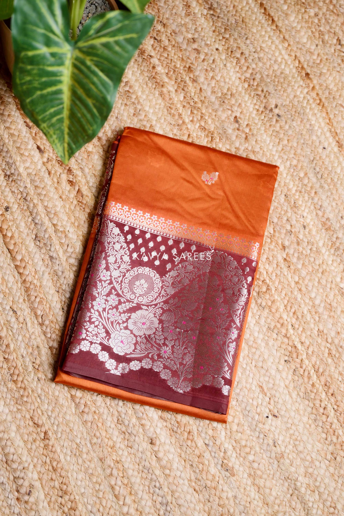Orange & Wine Floral Mango Silk Saree