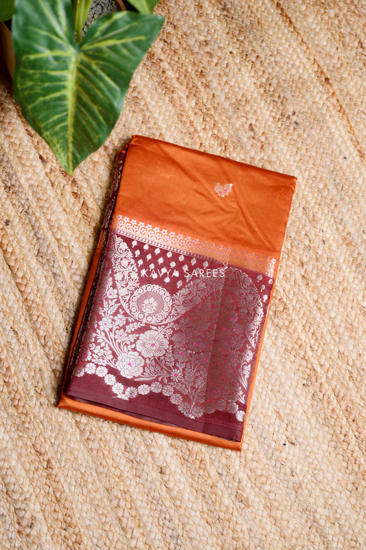 Orange & Wine Floral Mango Silk Saree