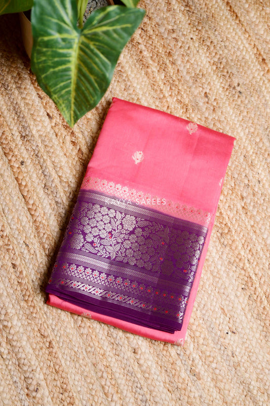Peach Pink & Violet Mango Silk Saree